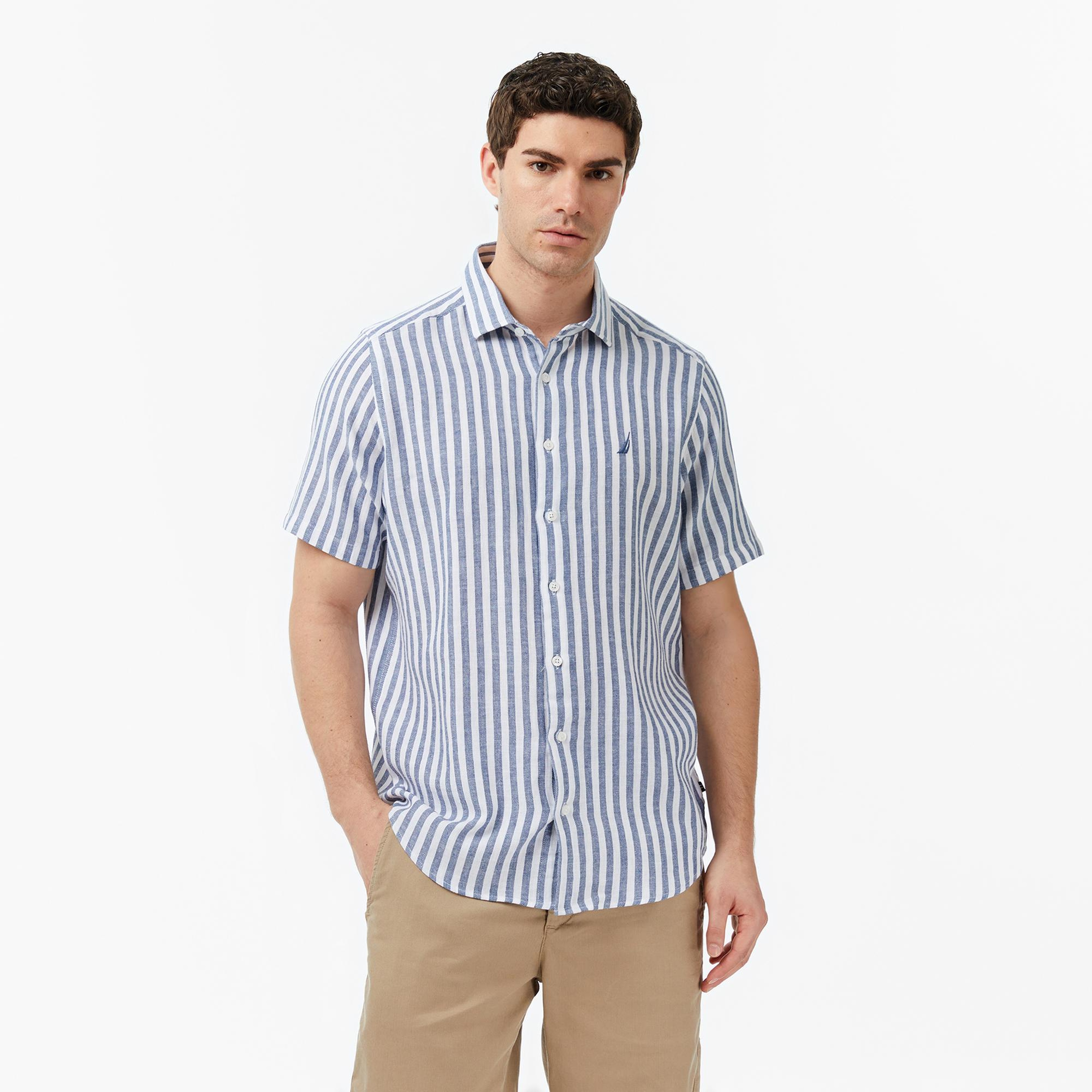 Nautica Erkek Lacivert Regular Fit Kısa Kollu Çizgili Gömlek