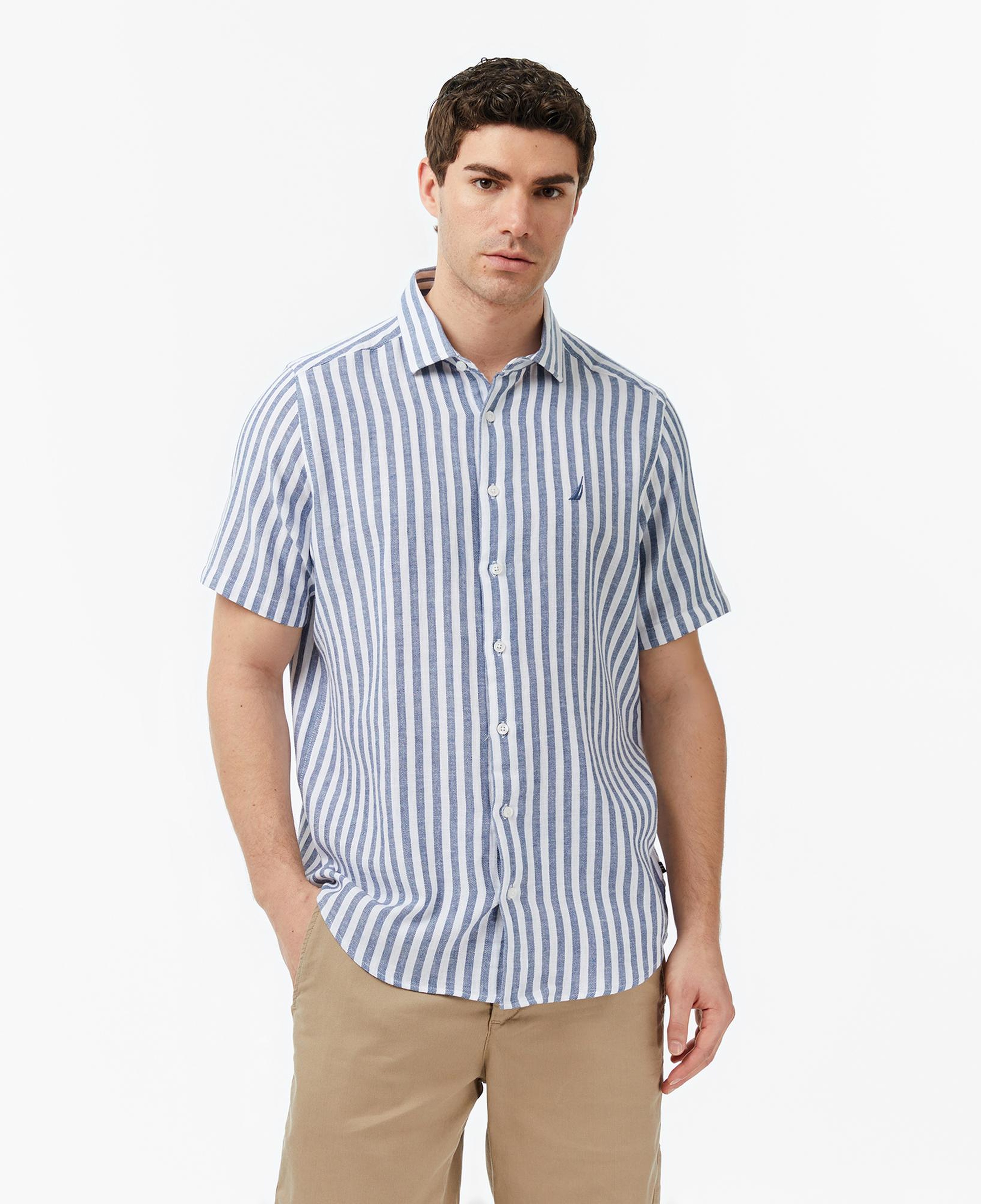 Nautica Erkek Lacivert Regular Fit Kısa Kollu Çizgili Gömlek