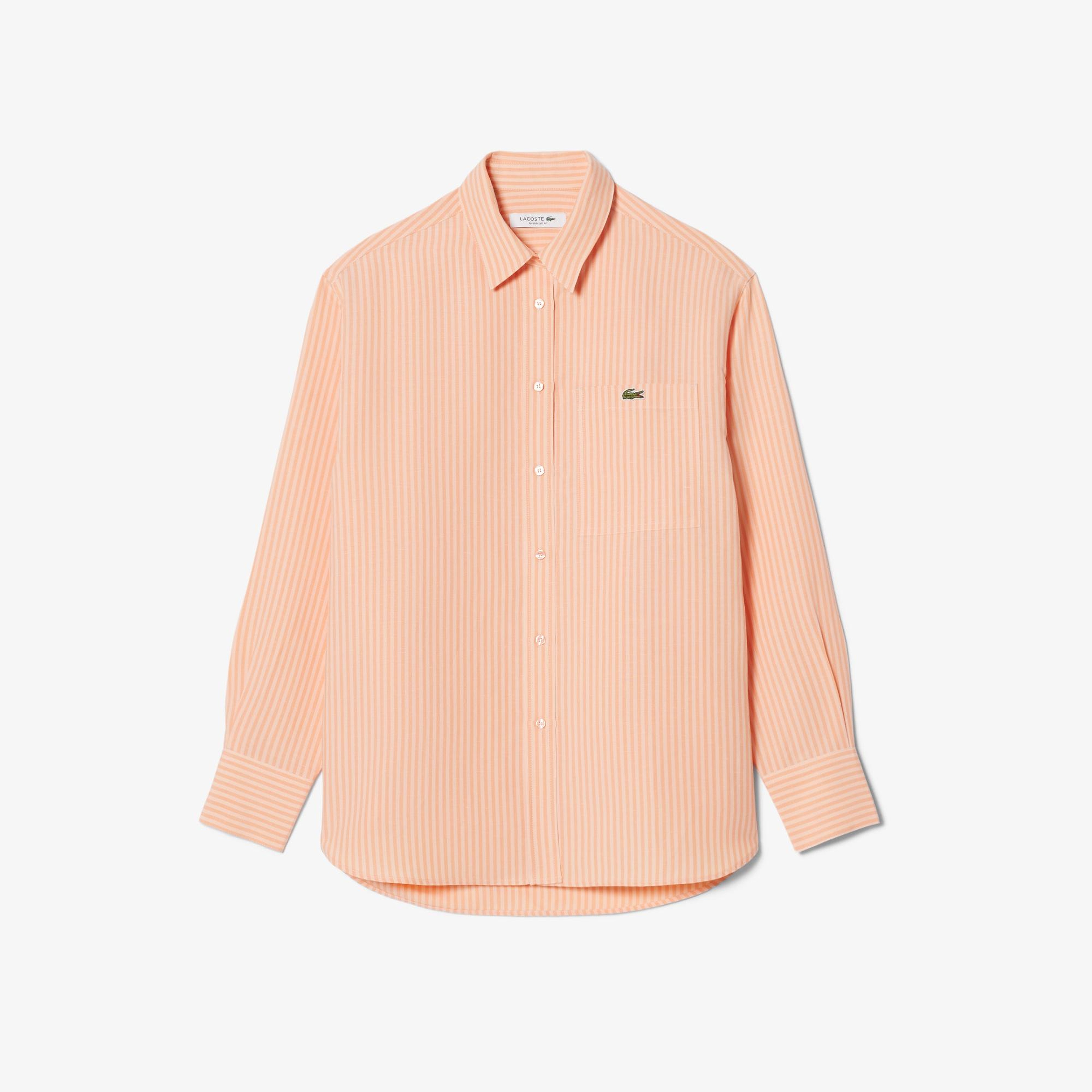 Lacoste Kadın Oversize Fit Çizgili Keten Turuncu Gömlek