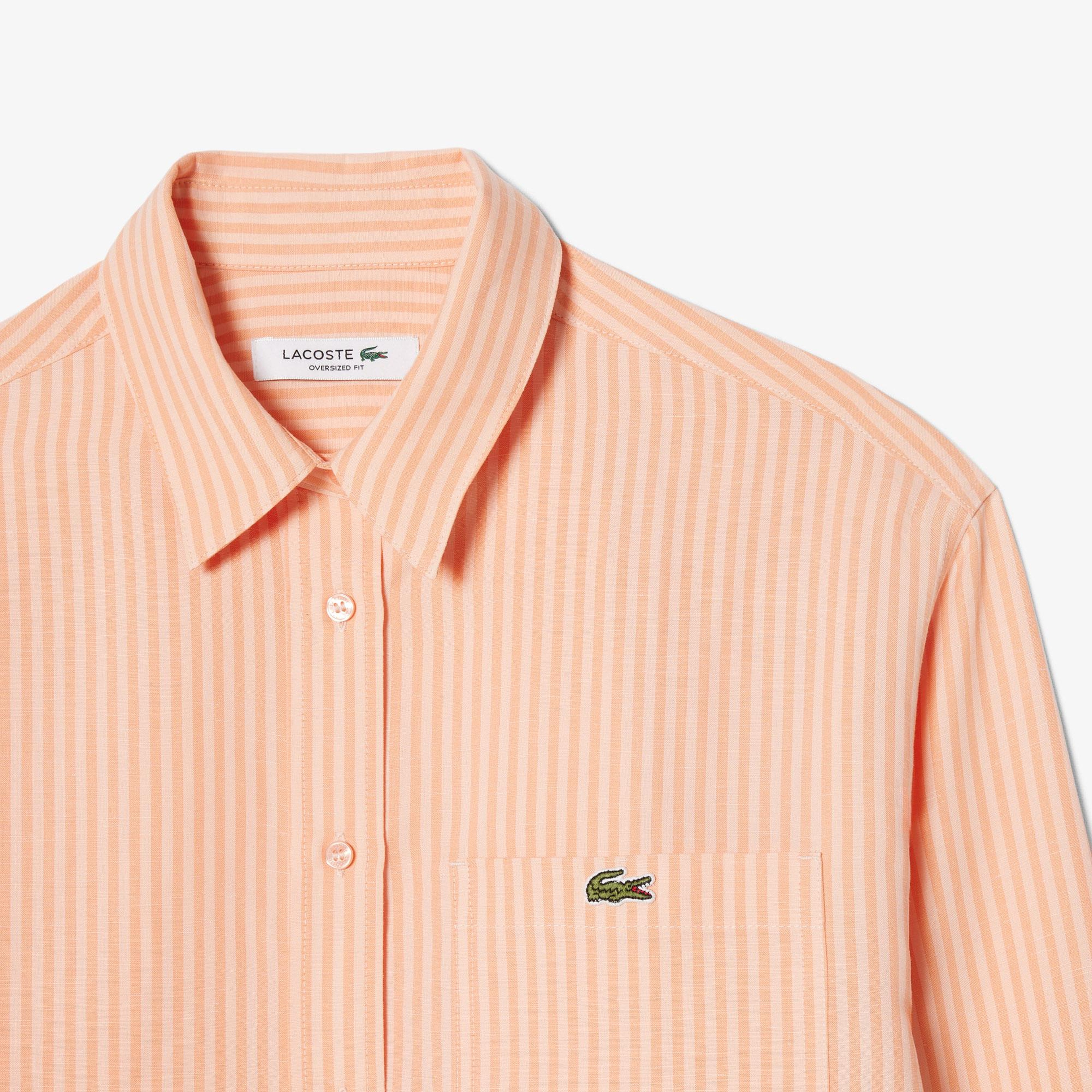 Lacoste Kadın Oversize Fit Çizgili Keten Turuncu Gömlek
