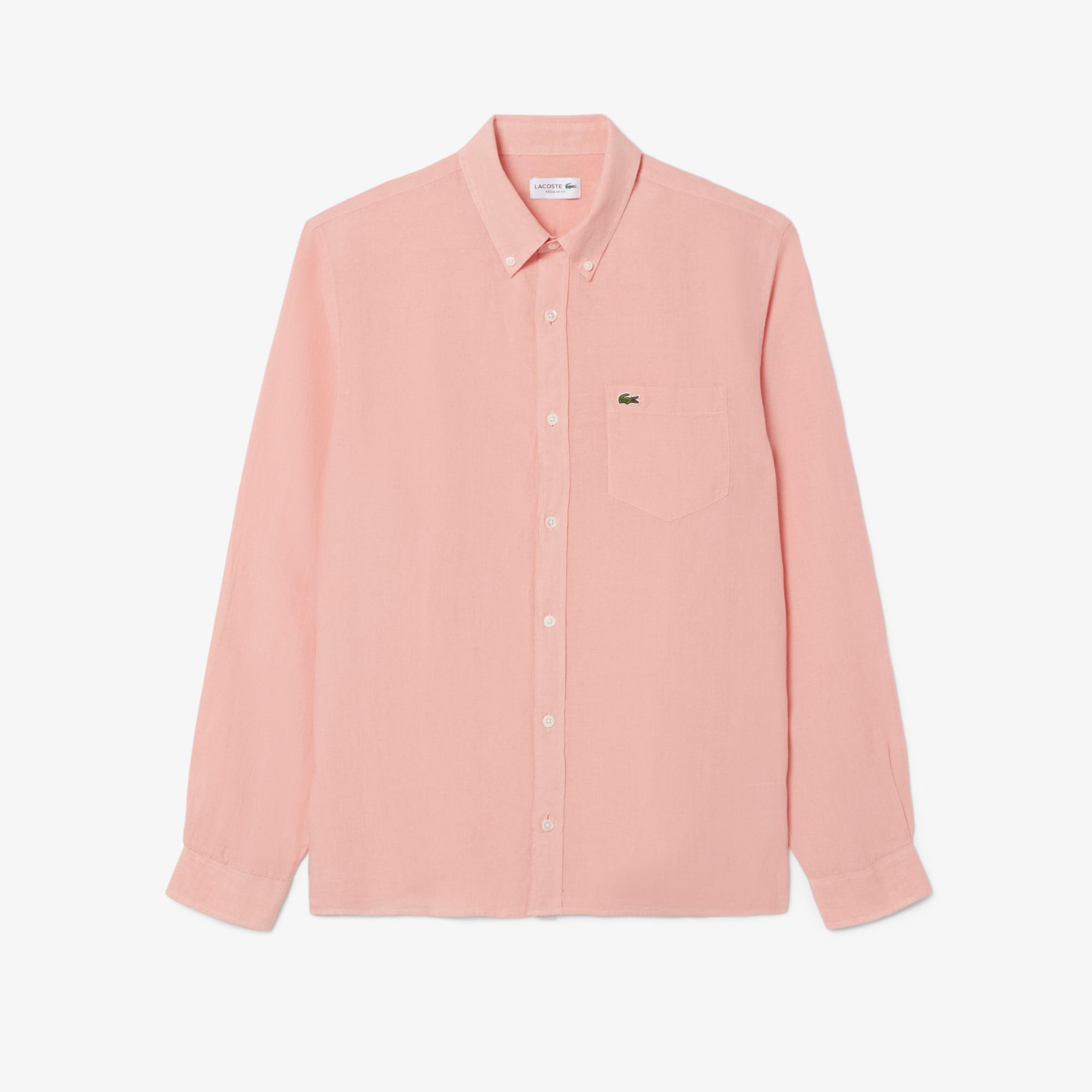 Lacoste Erkek Regular Fit Düğmeli Yaka Keten Pembe Gömlek
