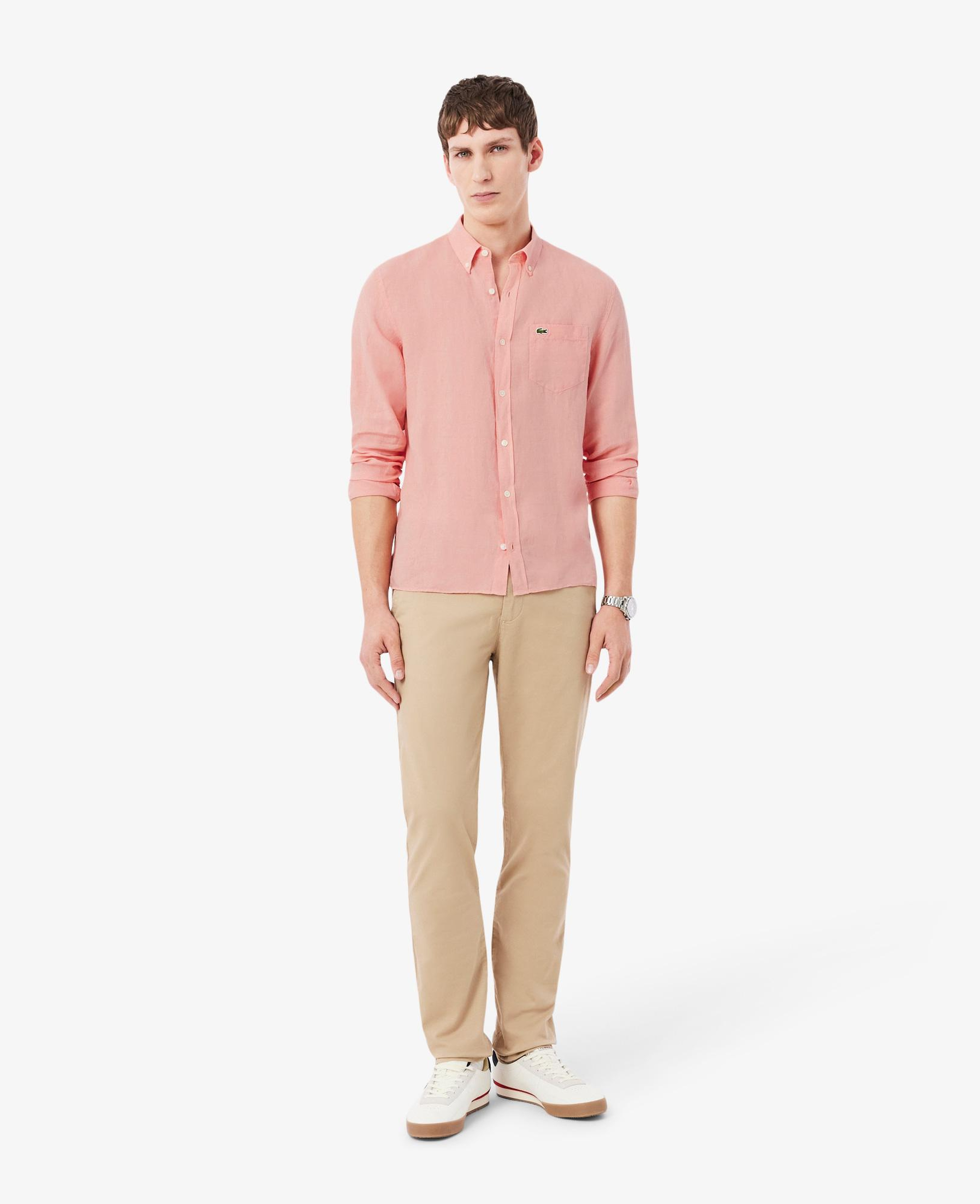 Lacoste Erkek Regular Fit Düğmeli Yaka Keten Pembe Gömlek