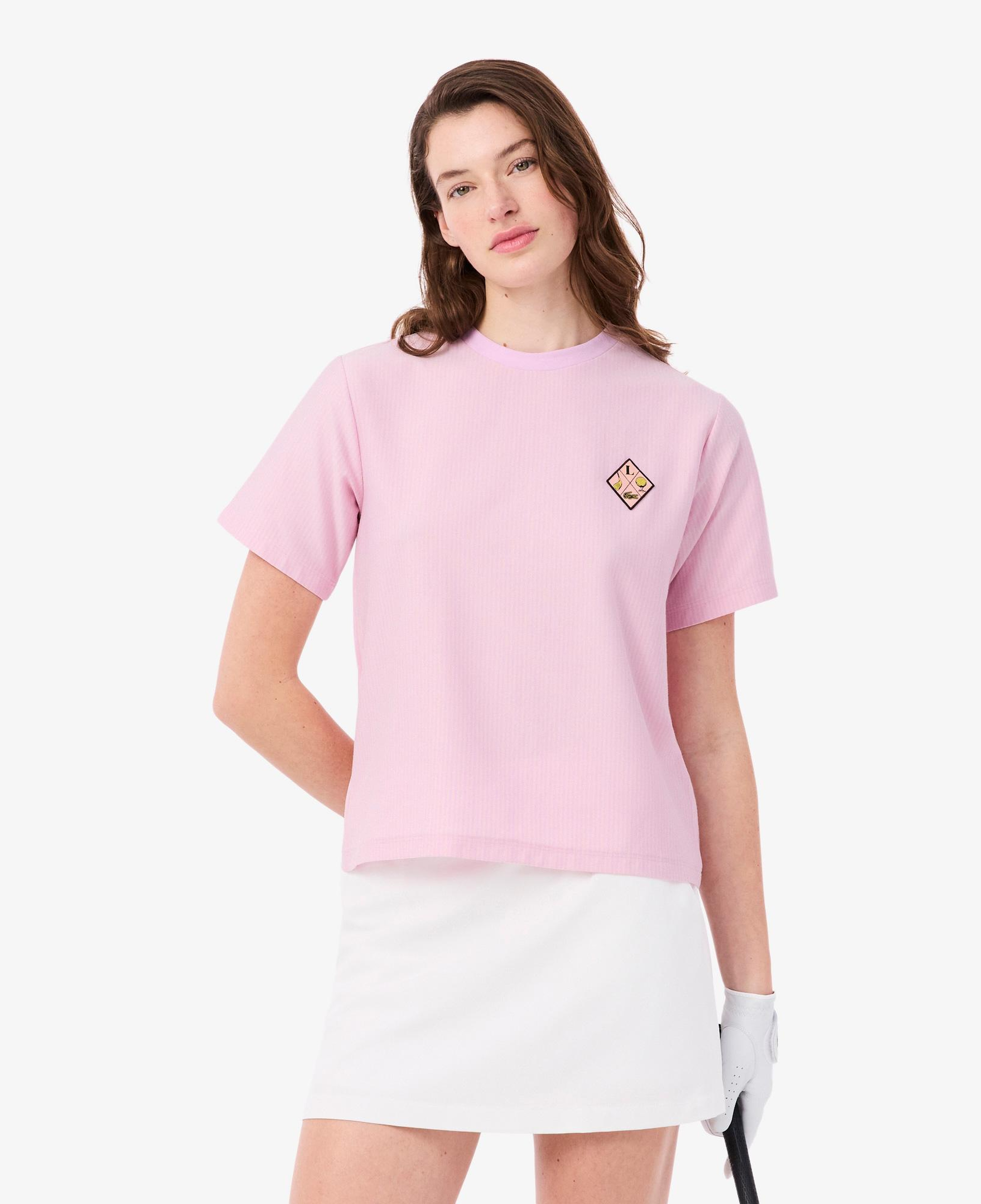 Lacoste Kadın Regular Fit Bisiklet Yaka Çizgili Pembe T-Shirt