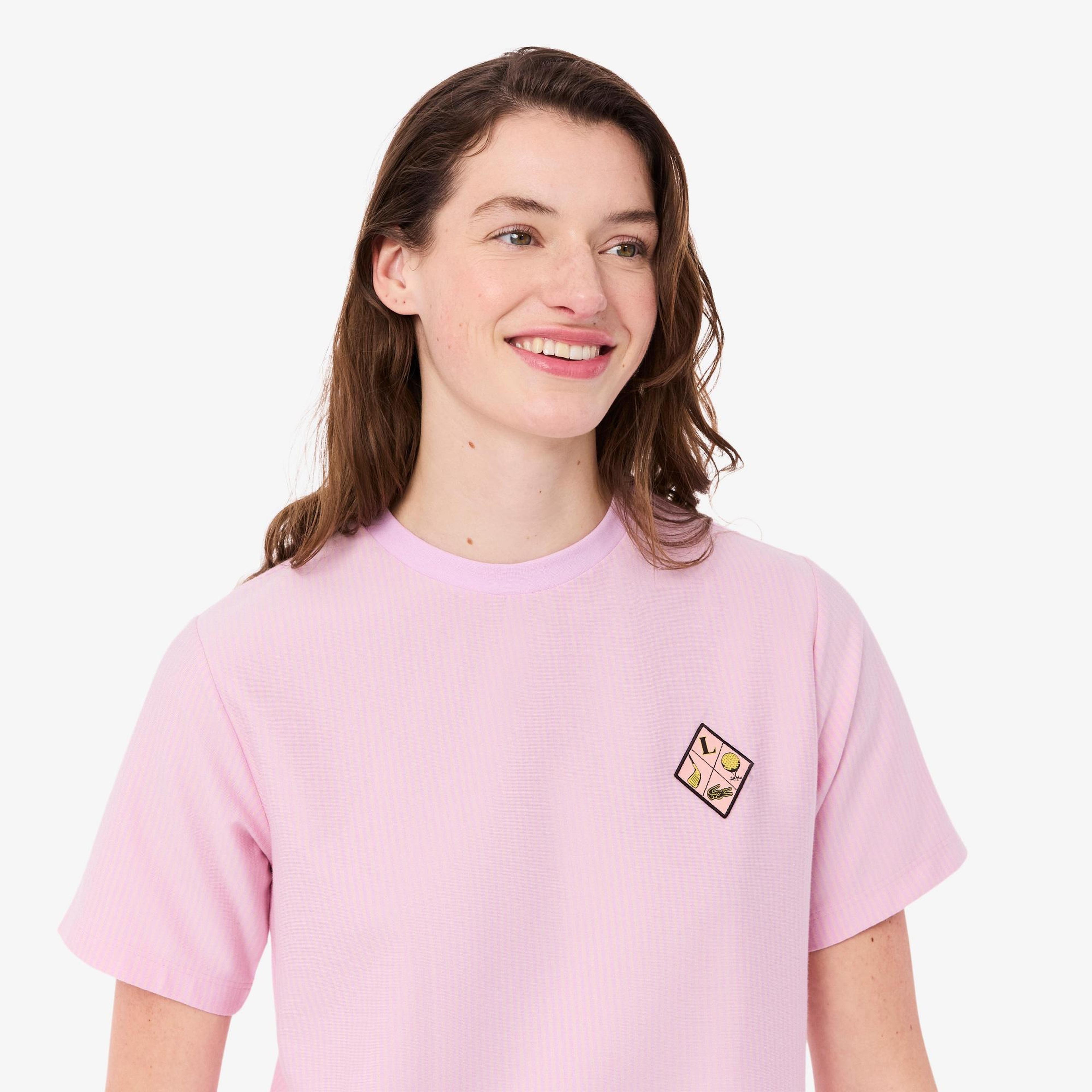 Lacoste Kadın Regular Fit Bisiklet Yaka Çizgili Pembe T-Shirt