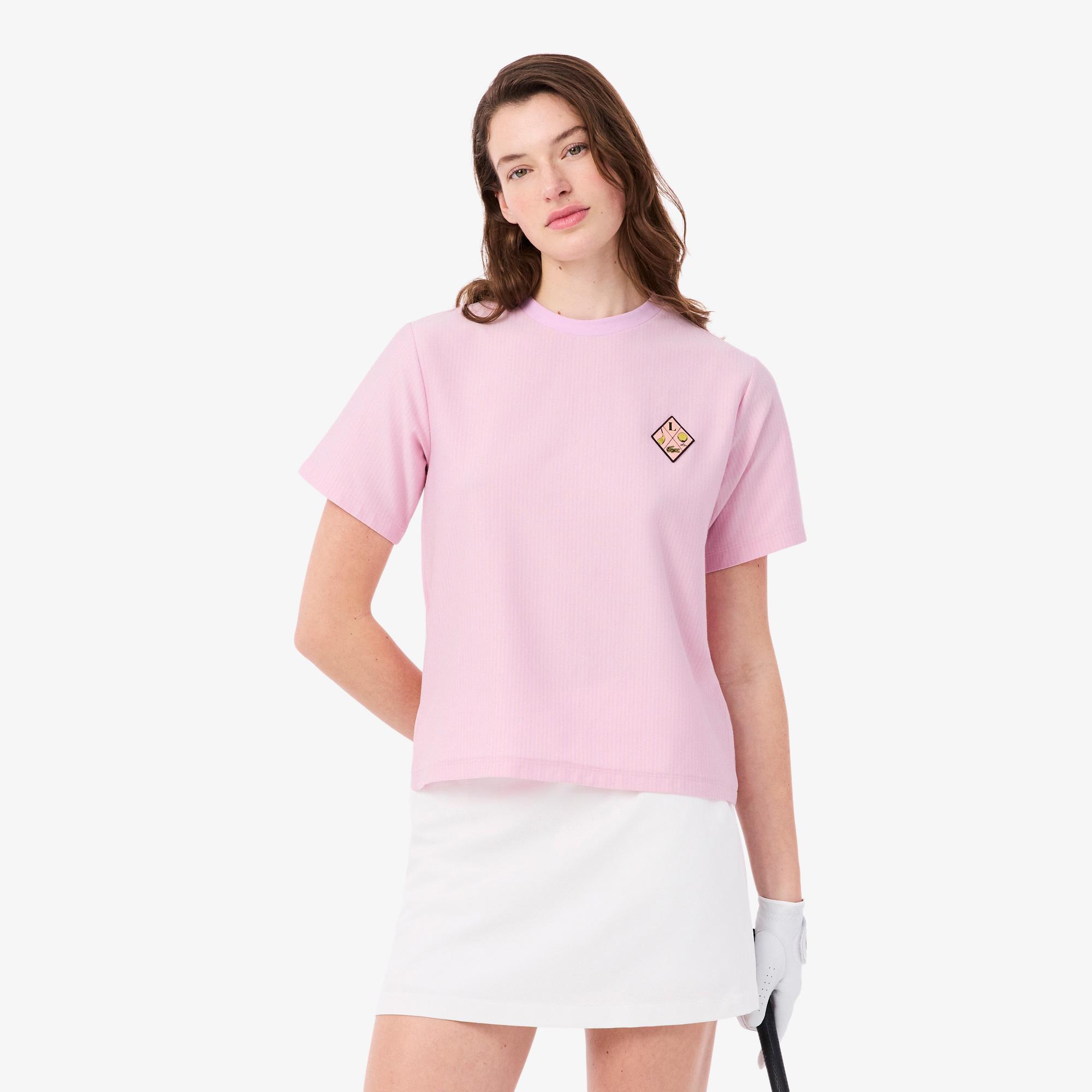 Lacoste Kadın Regular Fit Bisiklet Yaka Çizgili Pembe T-Shirt