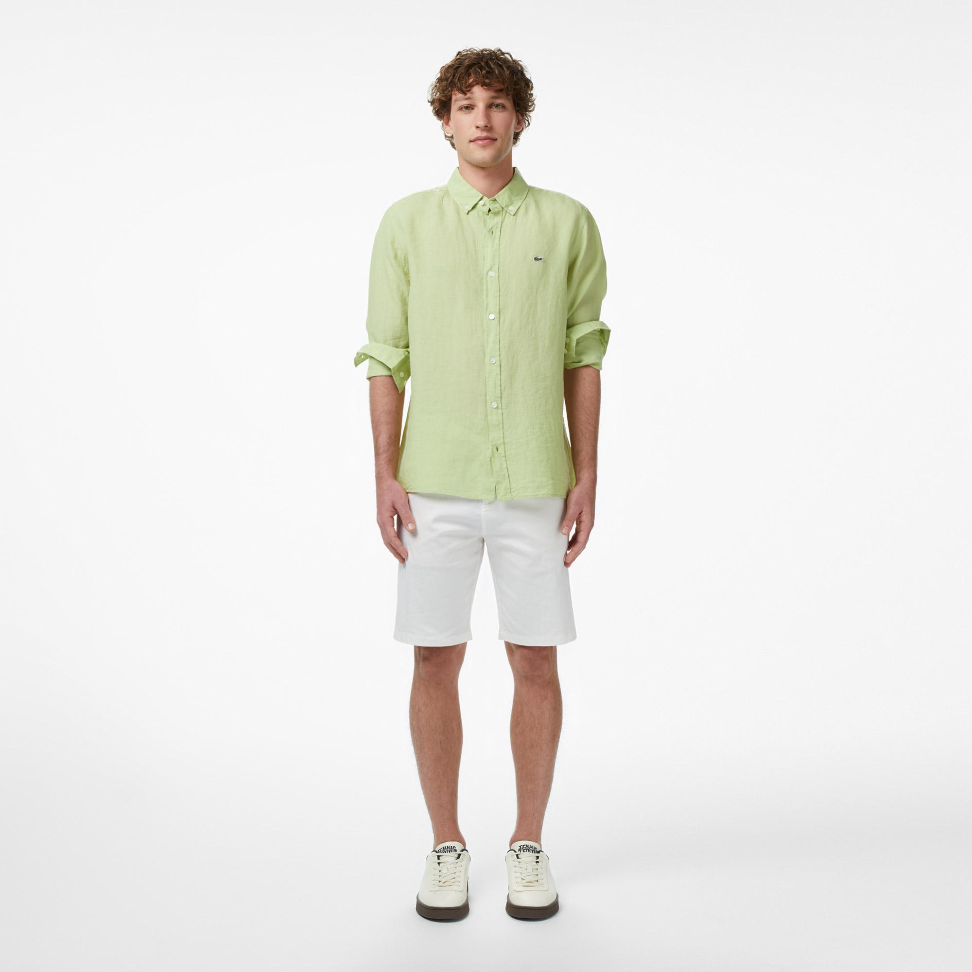 Lacoste Erkek Regular Fit Düğmeli Yaka Keten Yeşil Gömlek