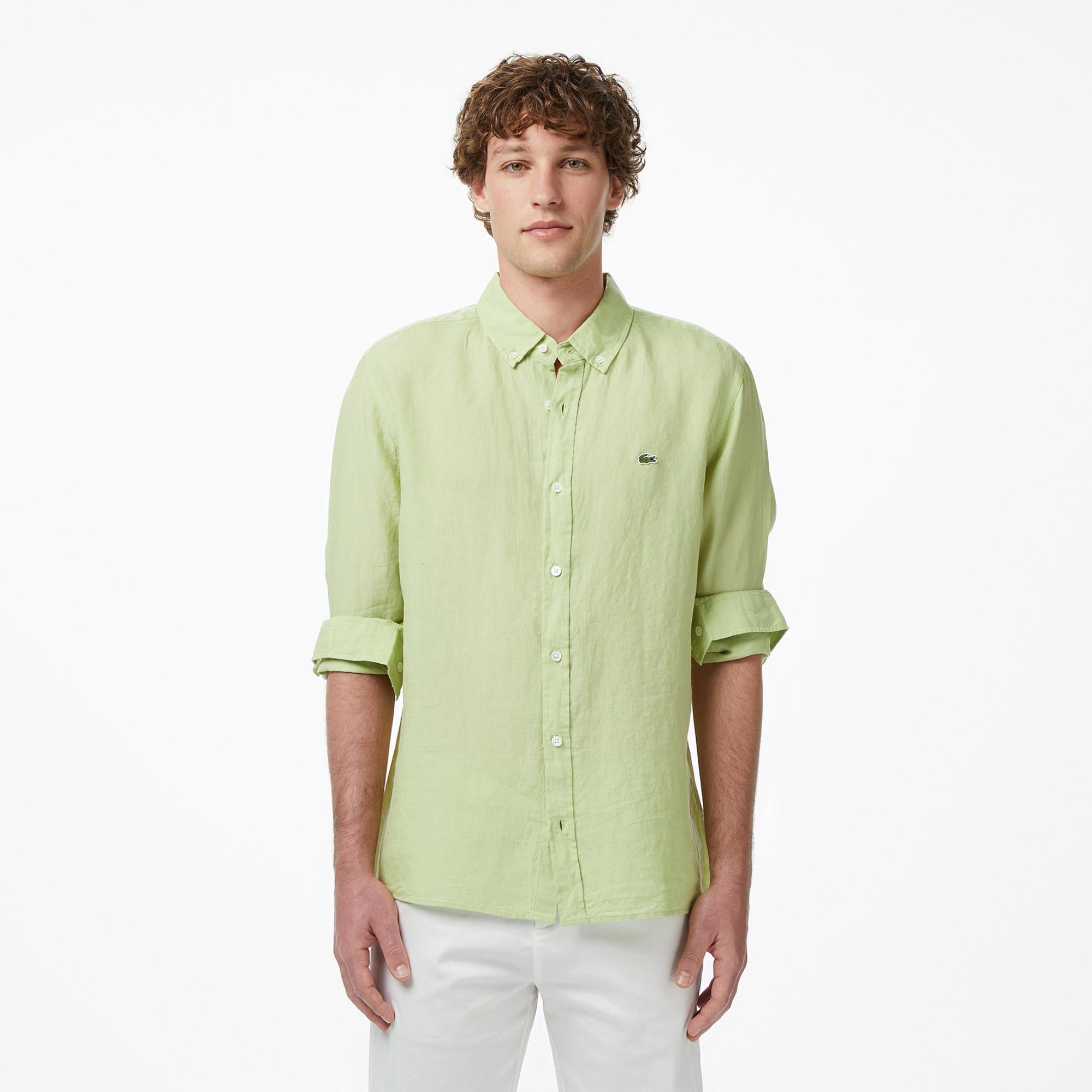 Lacoste Erkek Regular Fit Düğmeli Yaka Keten Yeşil Gömlek