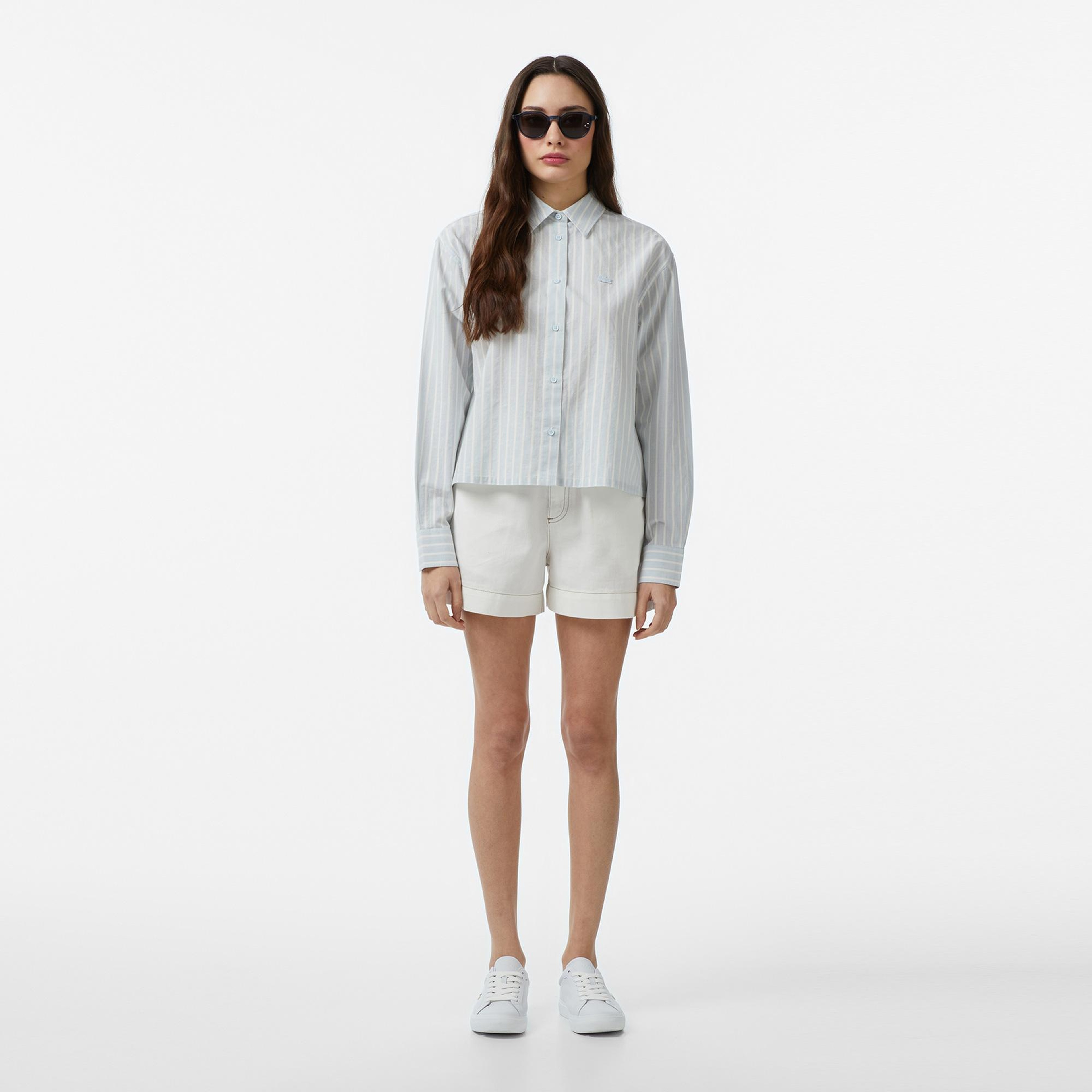 Lacoste Kadın Relaxed Fit Çizgili Mavi Gömlek