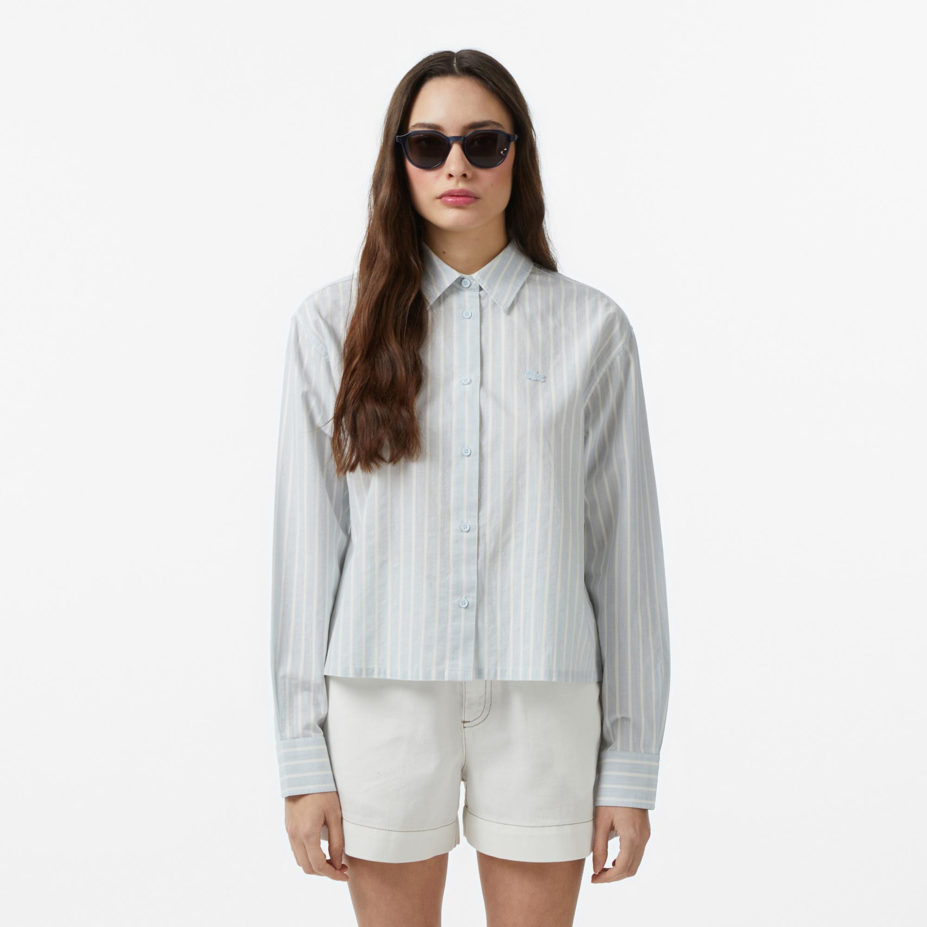 Lacoste Kadın Relaxed Fit Çizgili Mavi Gömlek