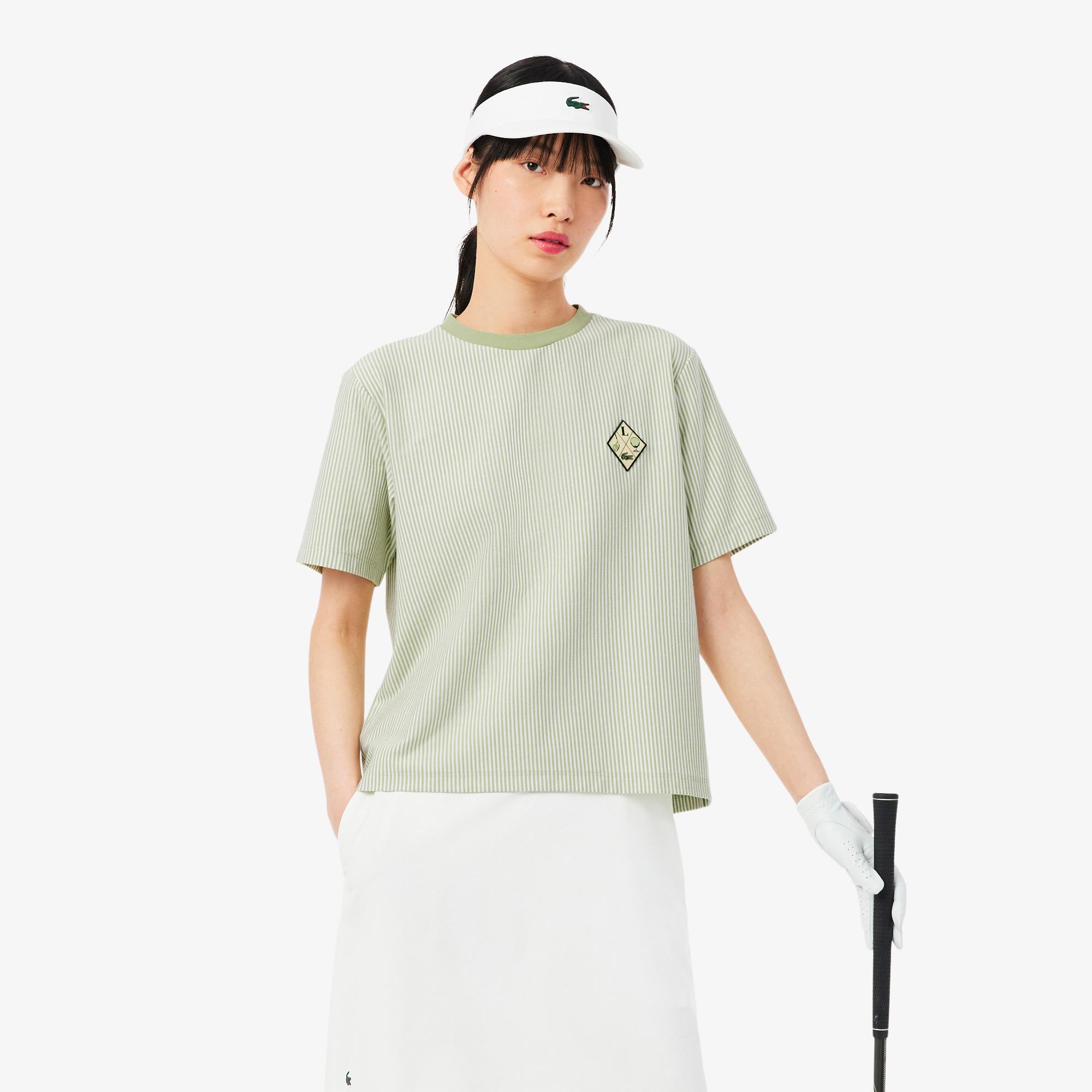 Lacoste Kadın Regular Fit Bisiklet Yaka Çizgili Yeşil T-Shirt