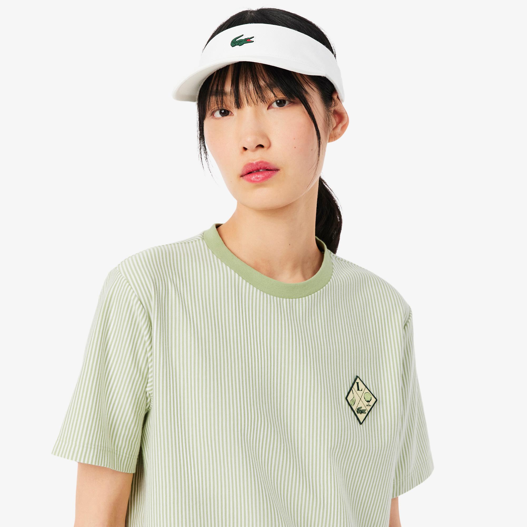 Lacoste Kadın Regular Fit Bisiklet Yaka Çizgili Yeşil T-Shirt