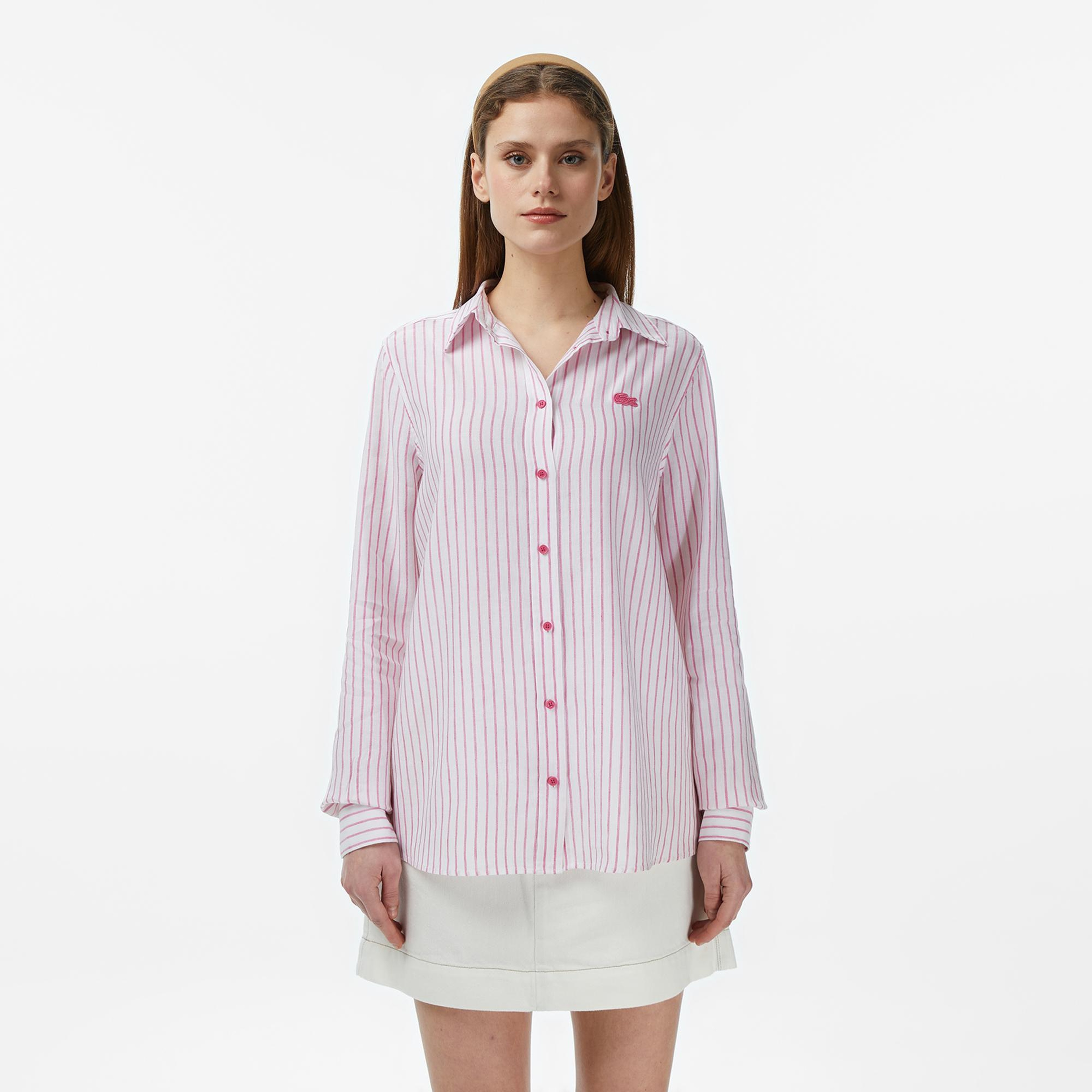 Lacoste Kadın Relaxed Fit Keten Çizgili Pembe Gömlek