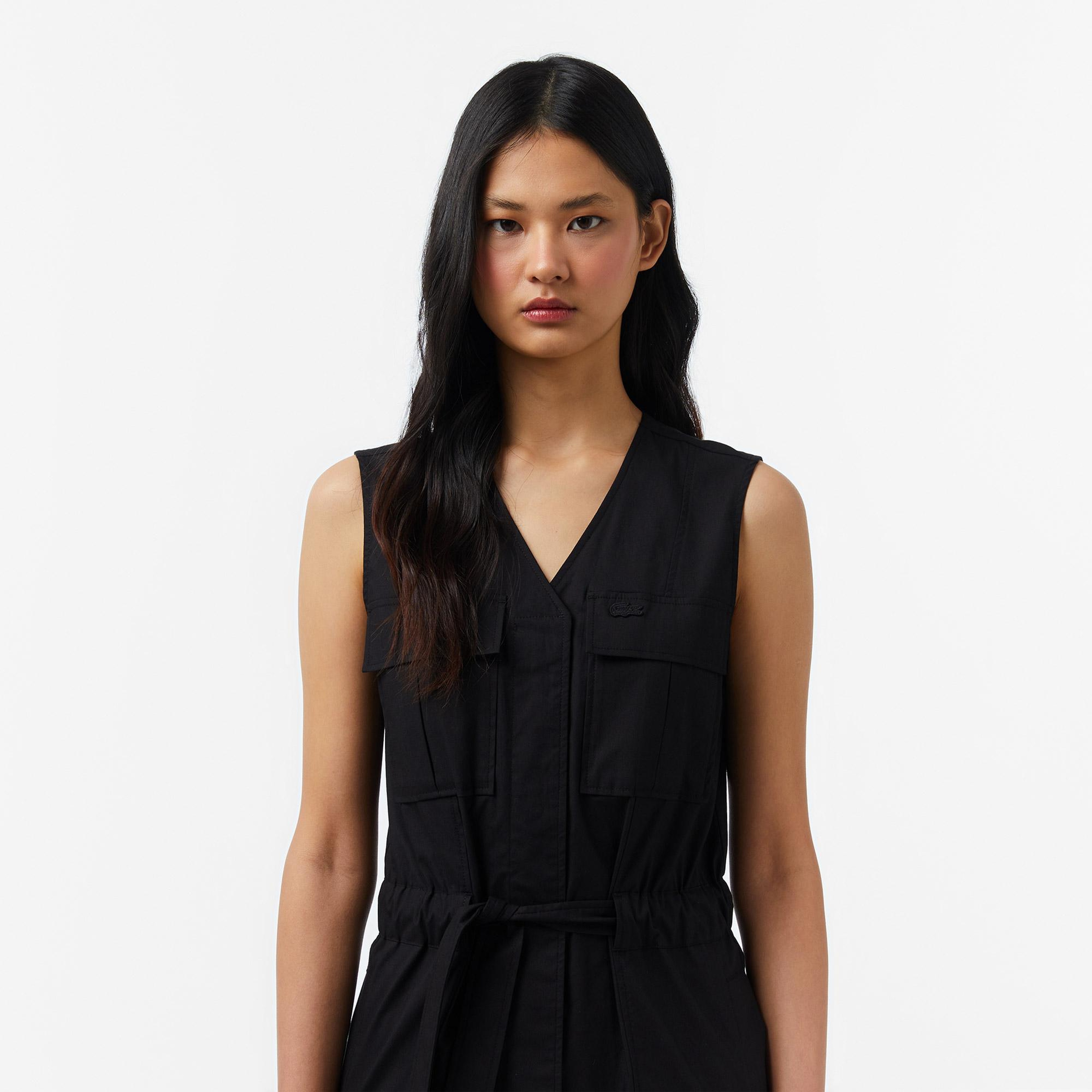 Lacoste Kadın Classic Fit Kolsuz V Yaka Siyah Elbise