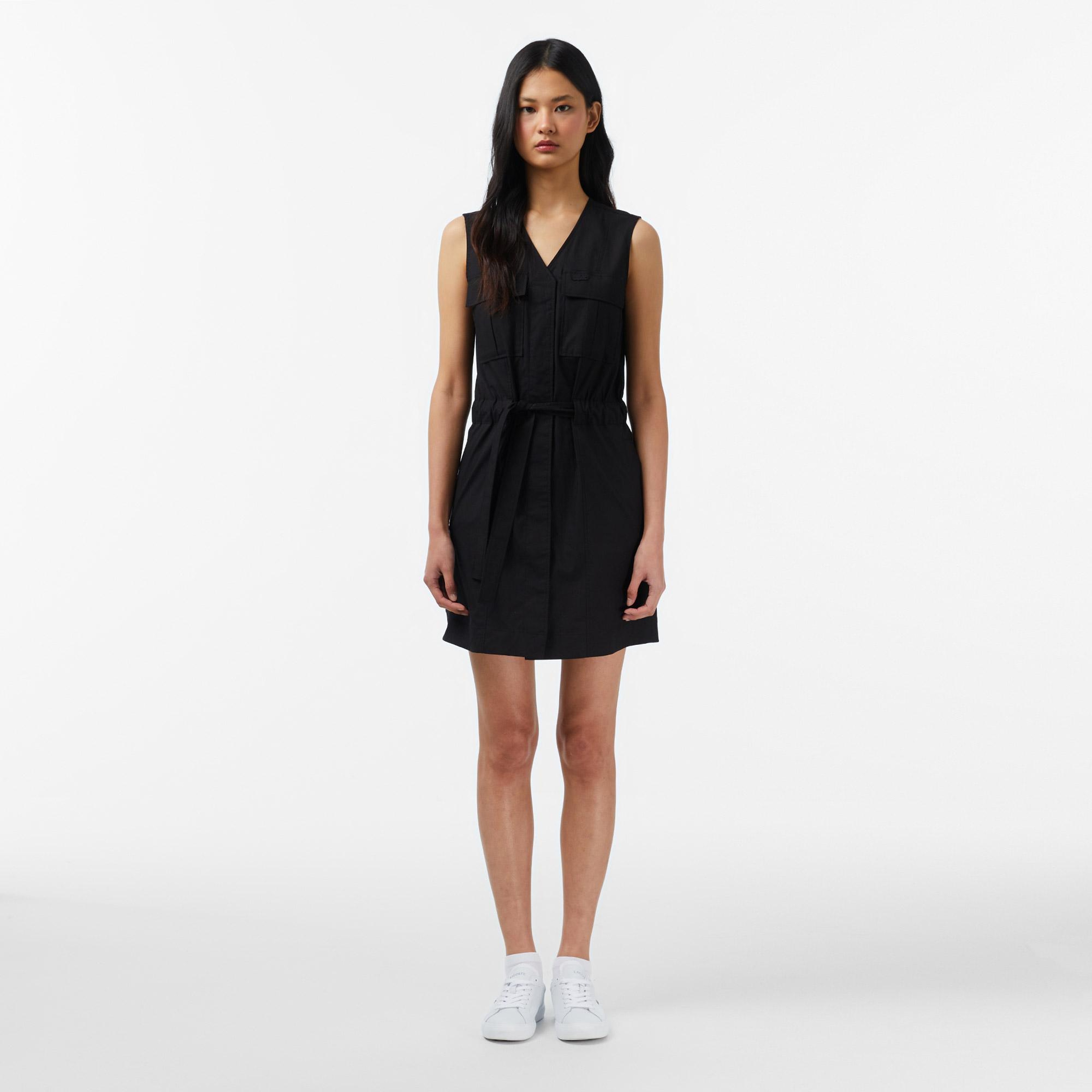 Lacoste Kadın Classic Fit Kolsuz V Yaka Siyah Elbise