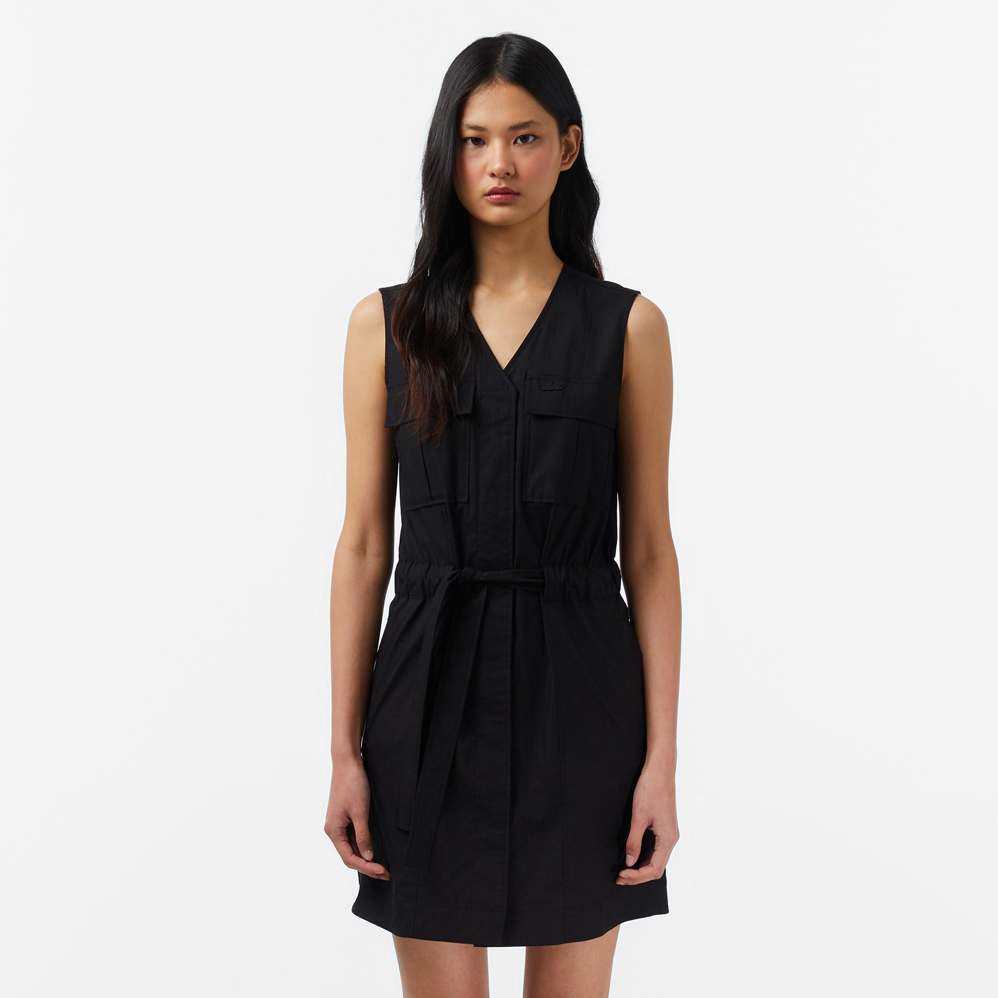 Lacoste Kadın Classic Fit Kolsuz V Yaka Siyah Elbise