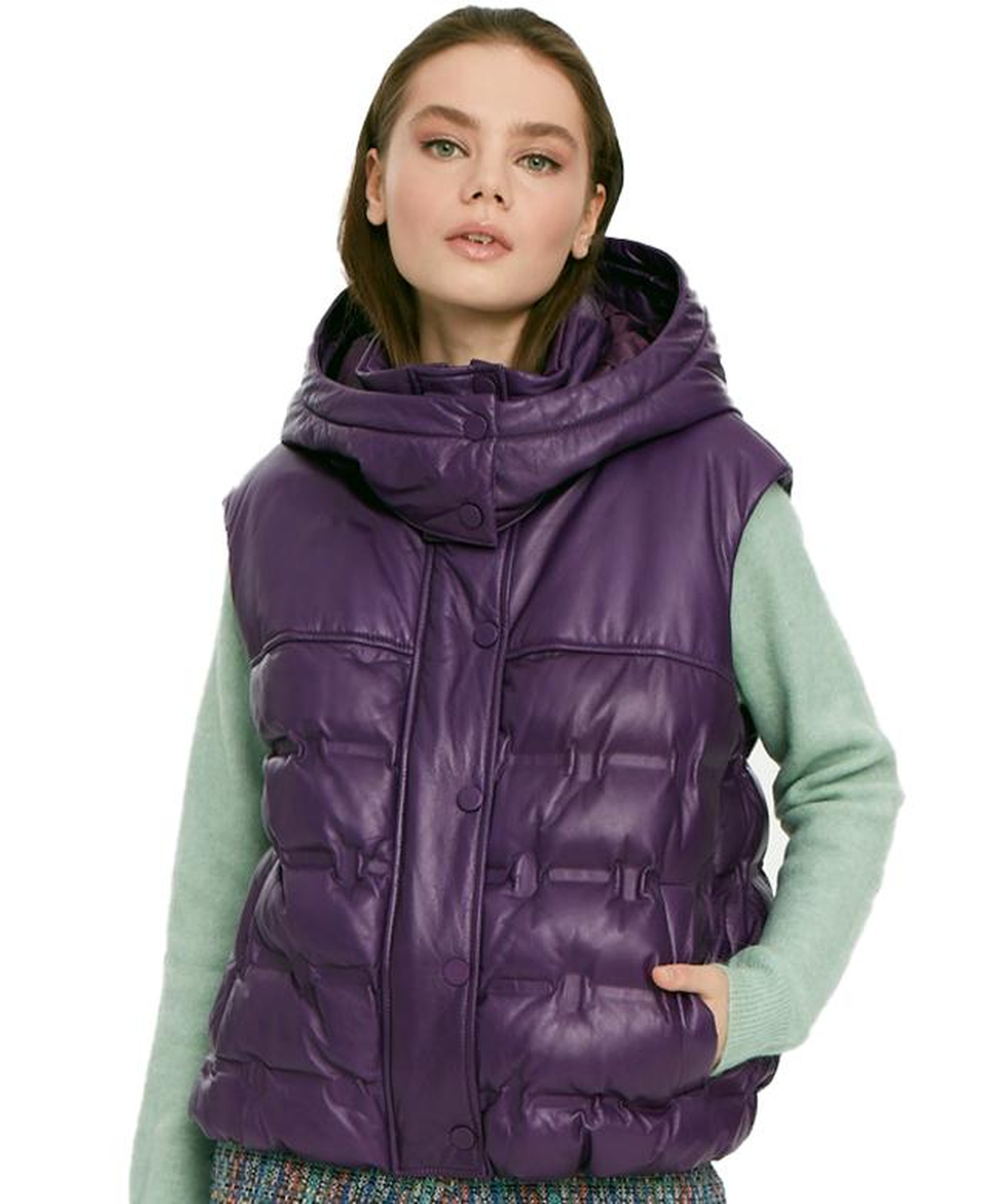 Anitra Mor Kadın Kapüşonlu Puffer Deri Yelek