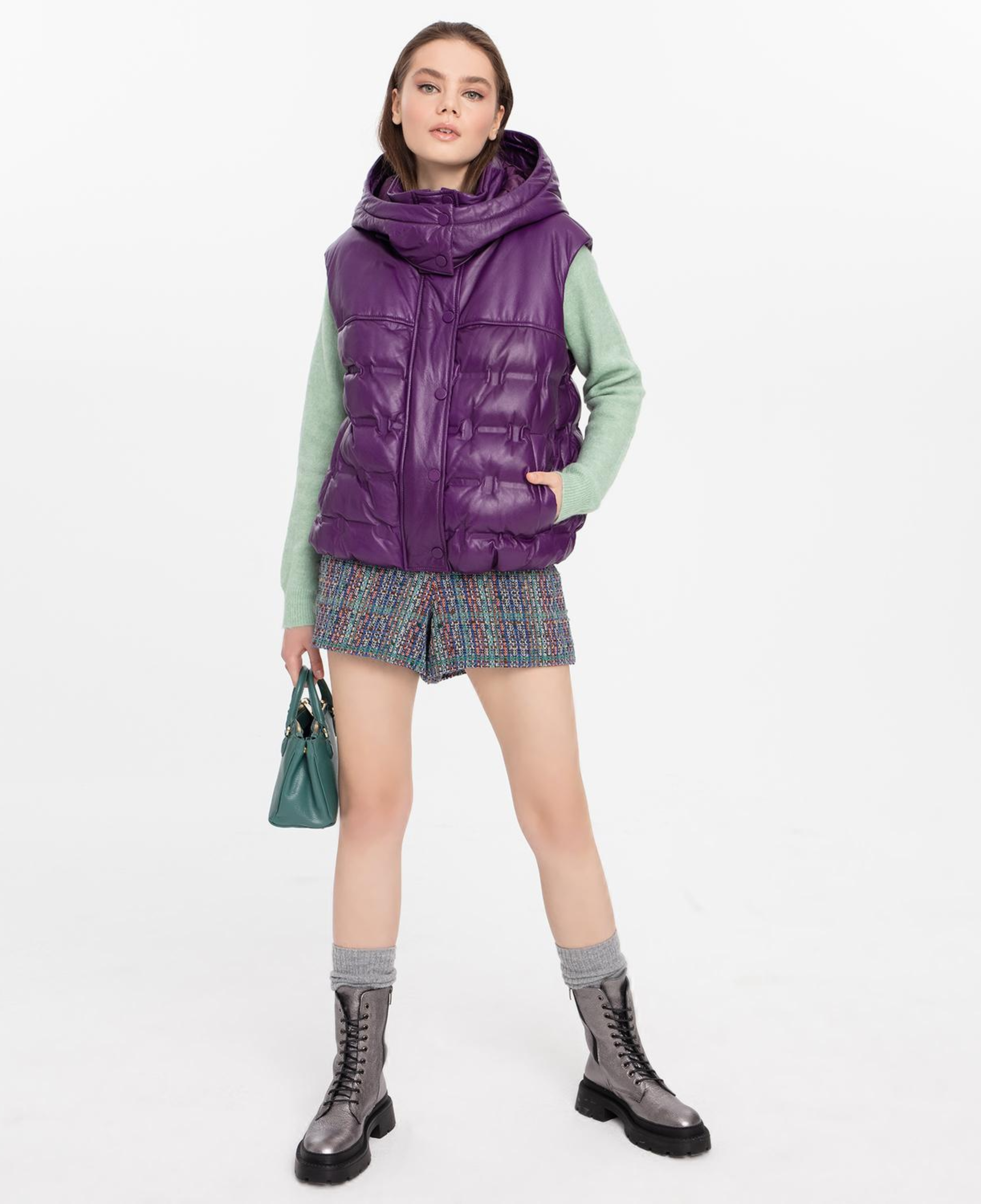 Anitra Mor Kadın Kapüşonlu Puffer Deri Yelek
