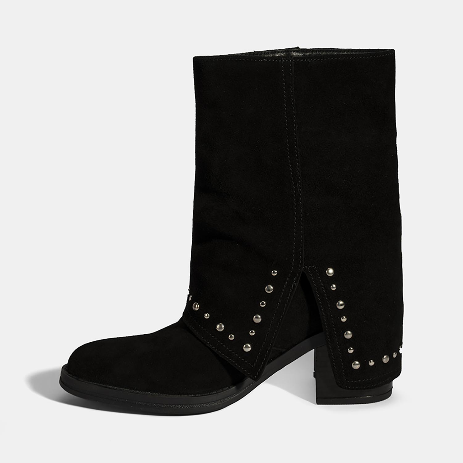 Kadın Siyah Zımba Detaylı Kalın Topuklu Süet Bot