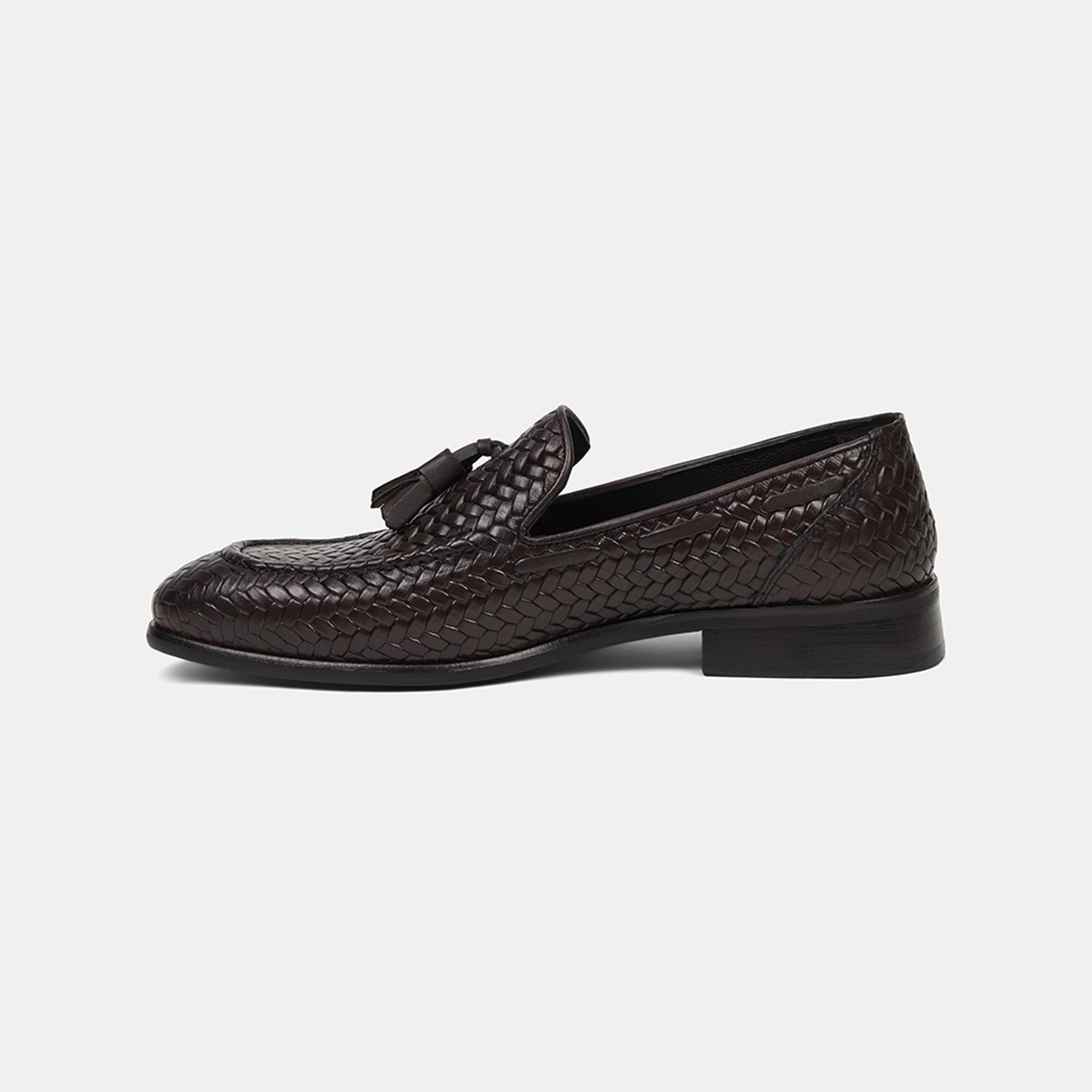 Erkek Kahve Örgü Desenli Püsküllü Deri Loafer