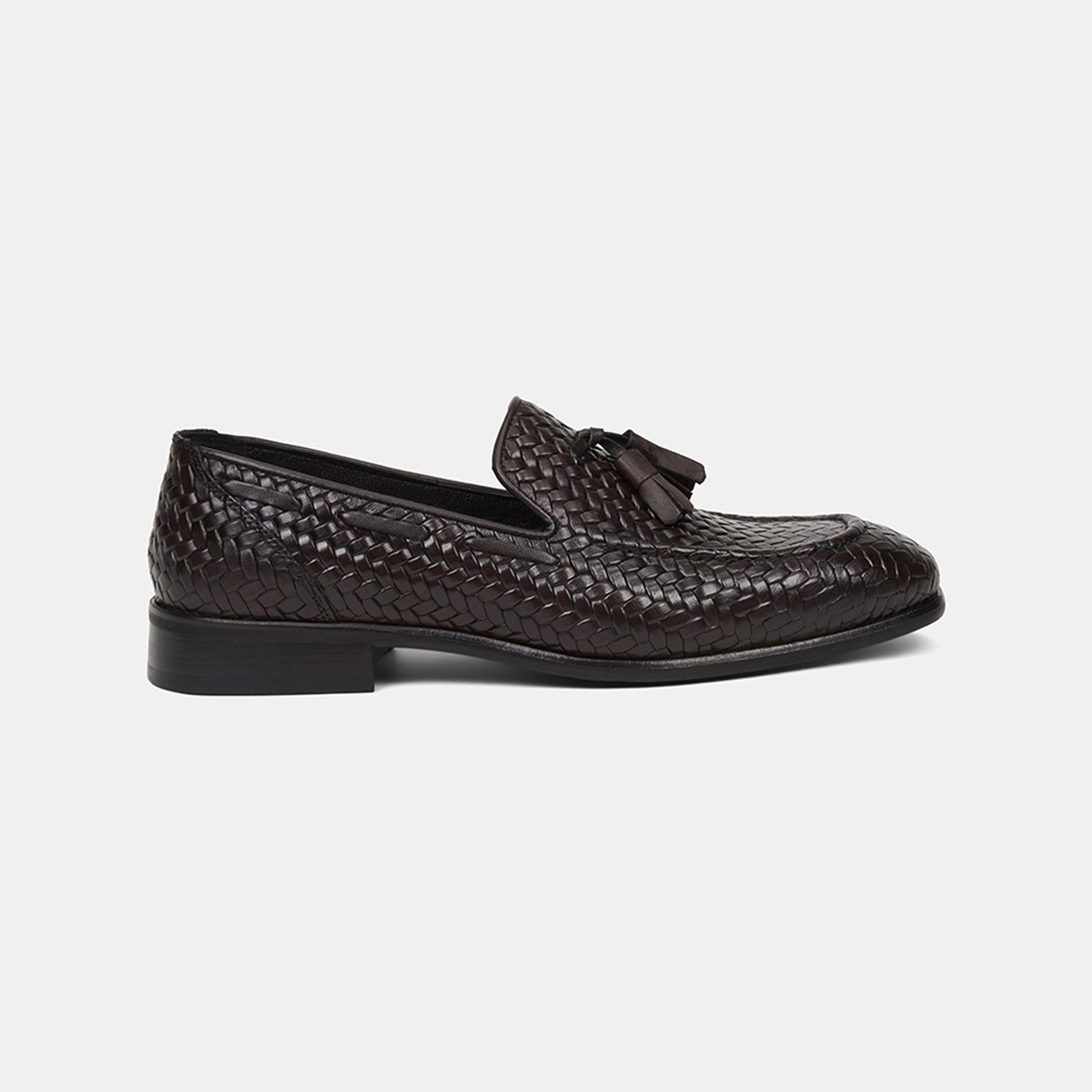 Erkek Kahve Örgü Desenli Püsküllü Deri Loafer