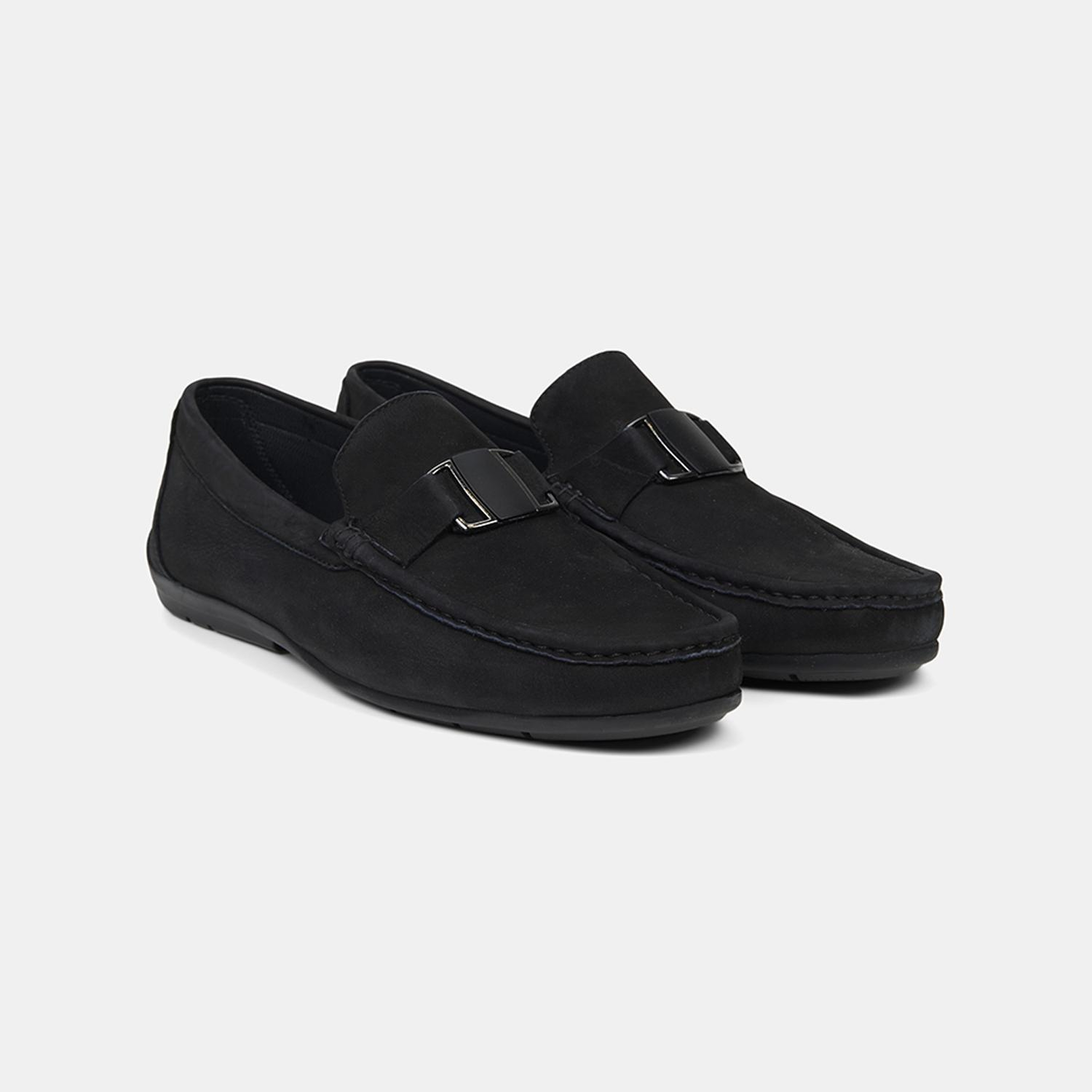 Erkek Siyah Metal Aksesuarlı Nubuk Deri Loafer