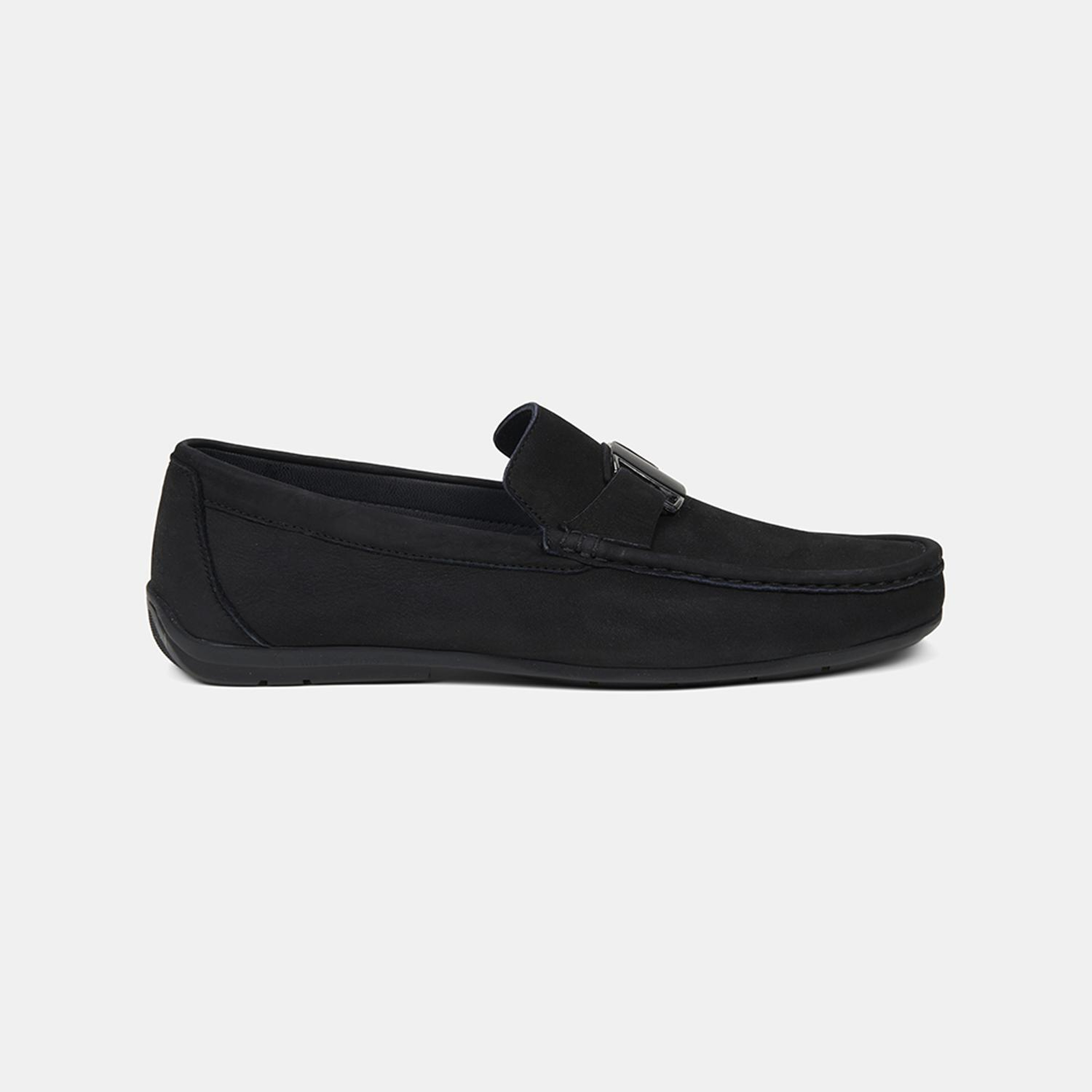 Erkek Siyah Metal Aksesuarlı Nubuk Deri Loafer