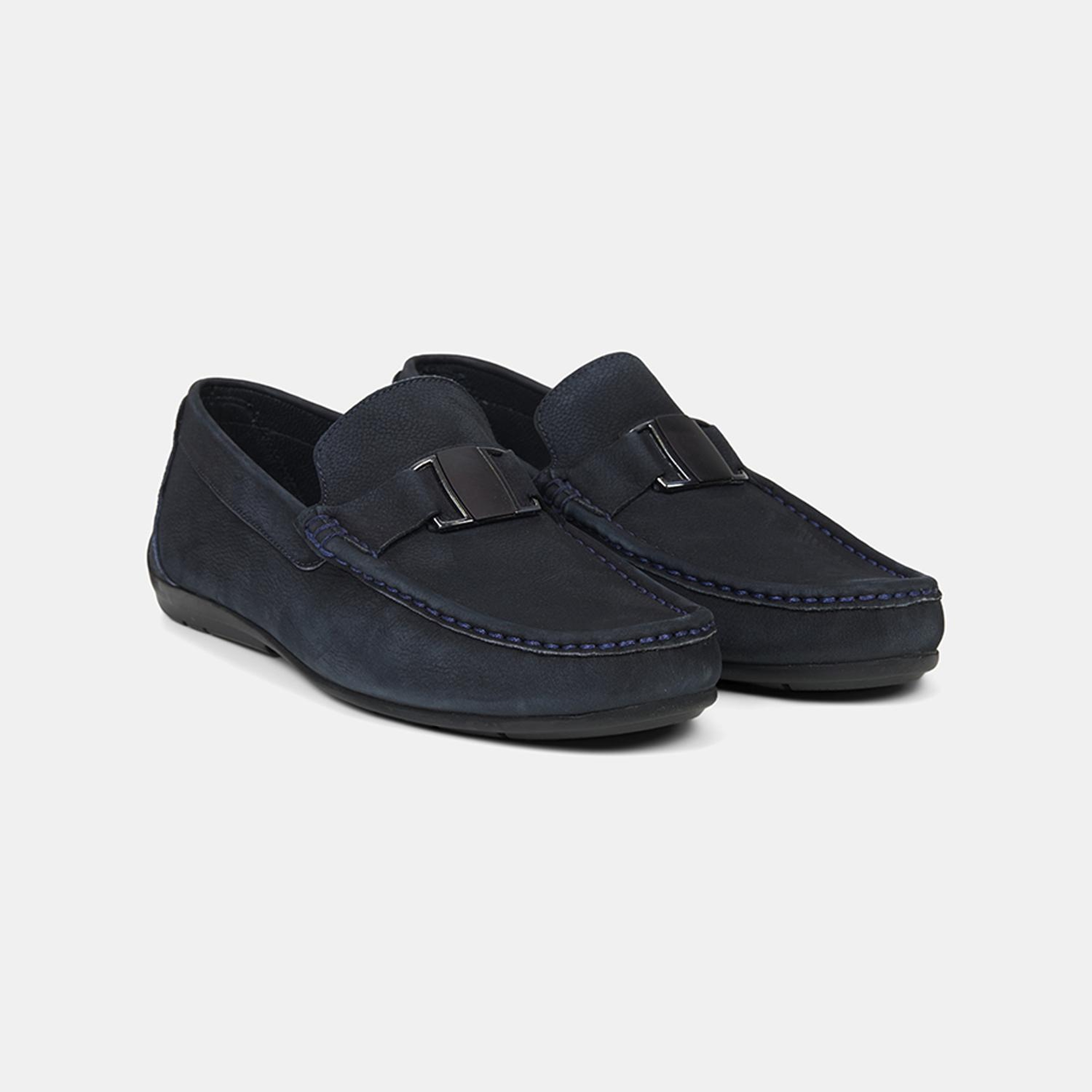 Erkek Lacivert Metal Aksesuarlı Nubuk Deri Loafer