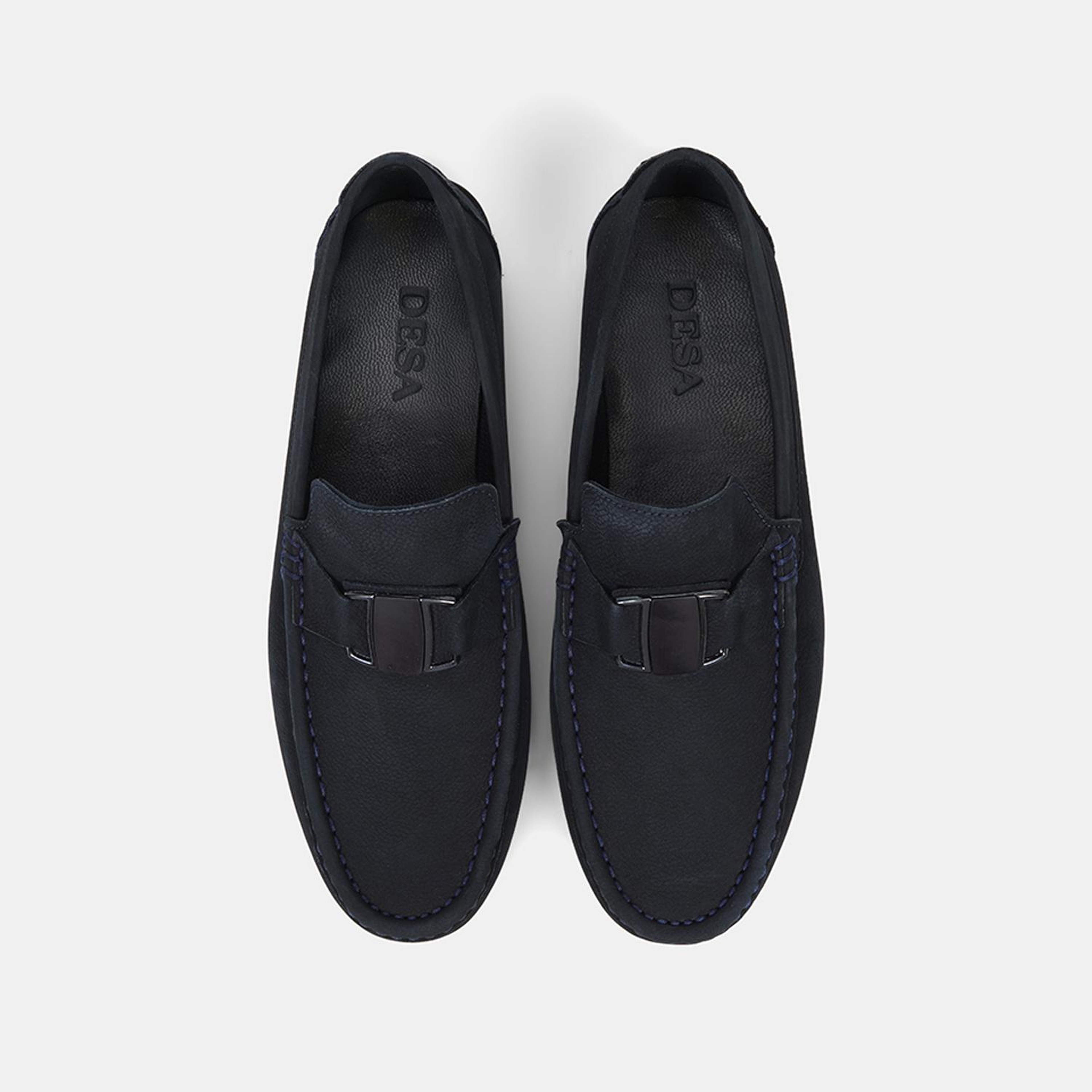 Erkek Lacivert Metal Aksesuarlı Nubuk Deri Loafer