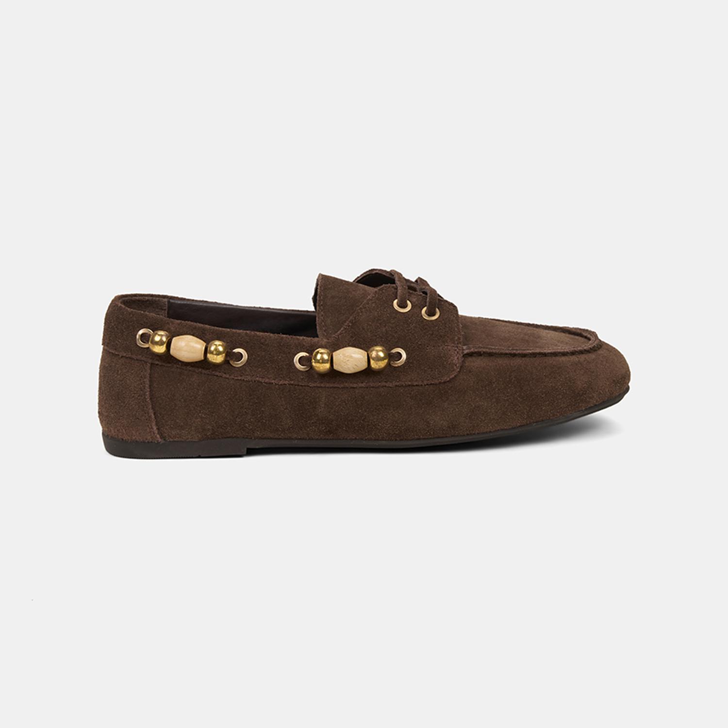 Kadın Kahve Gold Boncuk Aksesuarlı Süet Deri Loafer