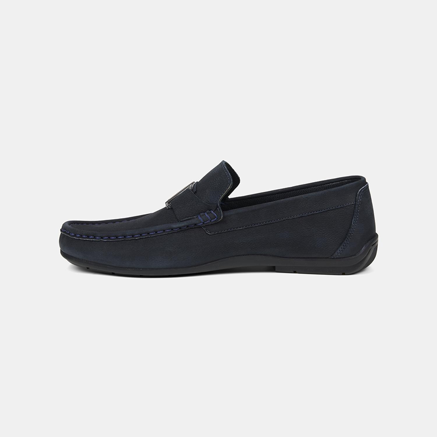 Erkek Lacivert Metal Aksesuarlı Nubuk Deri Loafer