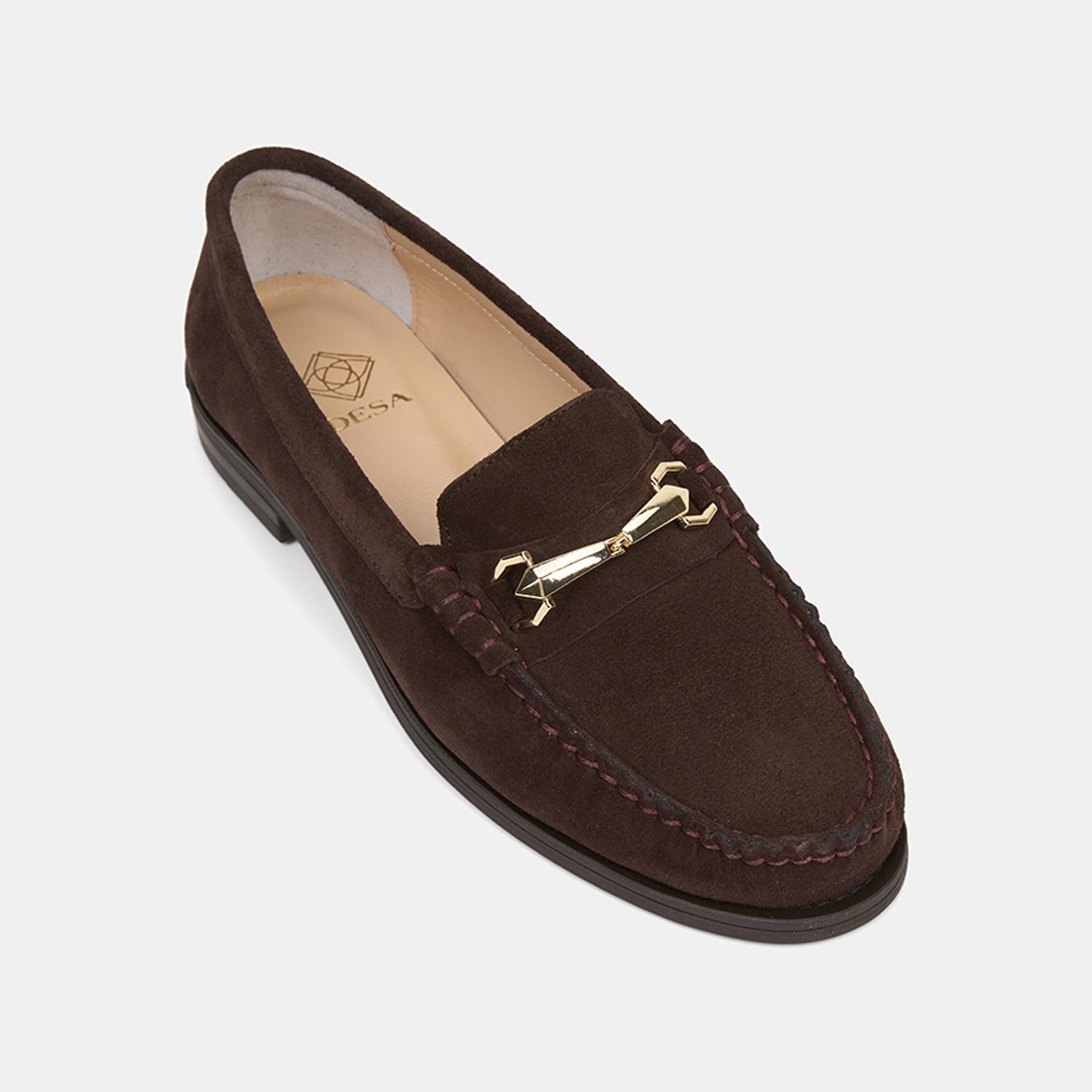 Kadın Koyu Kahve Metal Aksesuarlı Süet Loafer