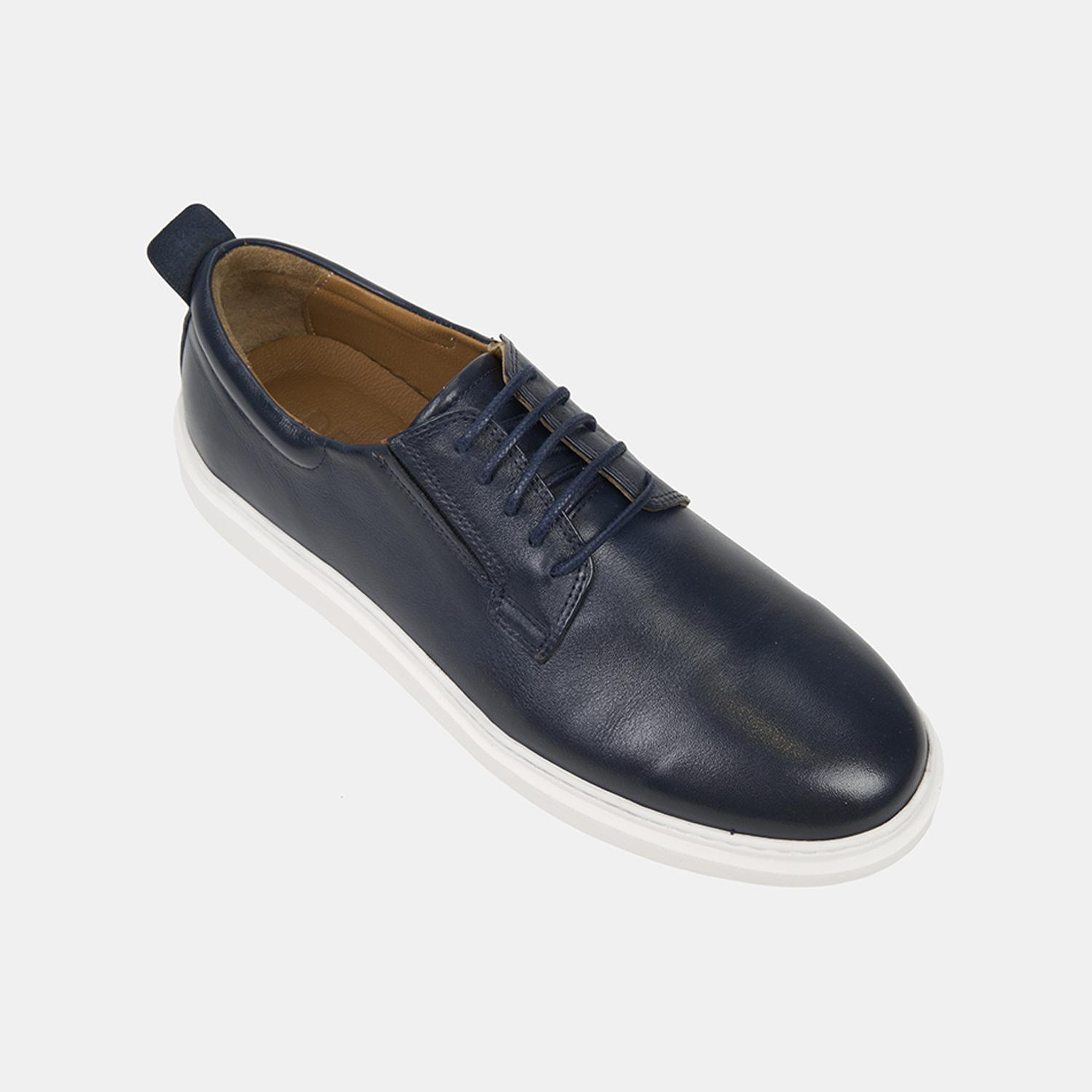 Erkek Lacivert Bağcıklı Kalın Beyaz Tabanlı Deri Ayakkabı
