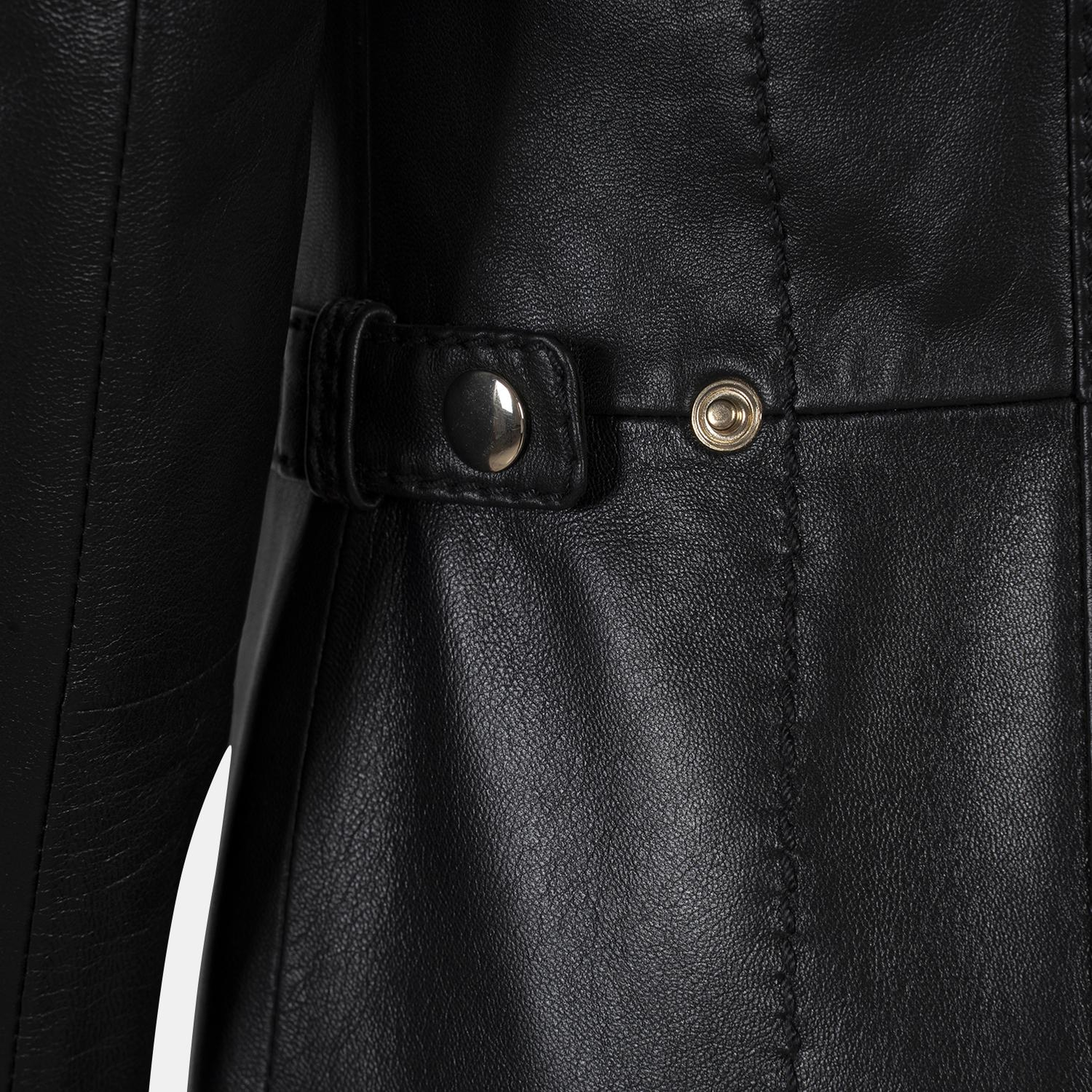 Kadın Siyah Hakim Yakalı Kapüşonlu Deri Kaban