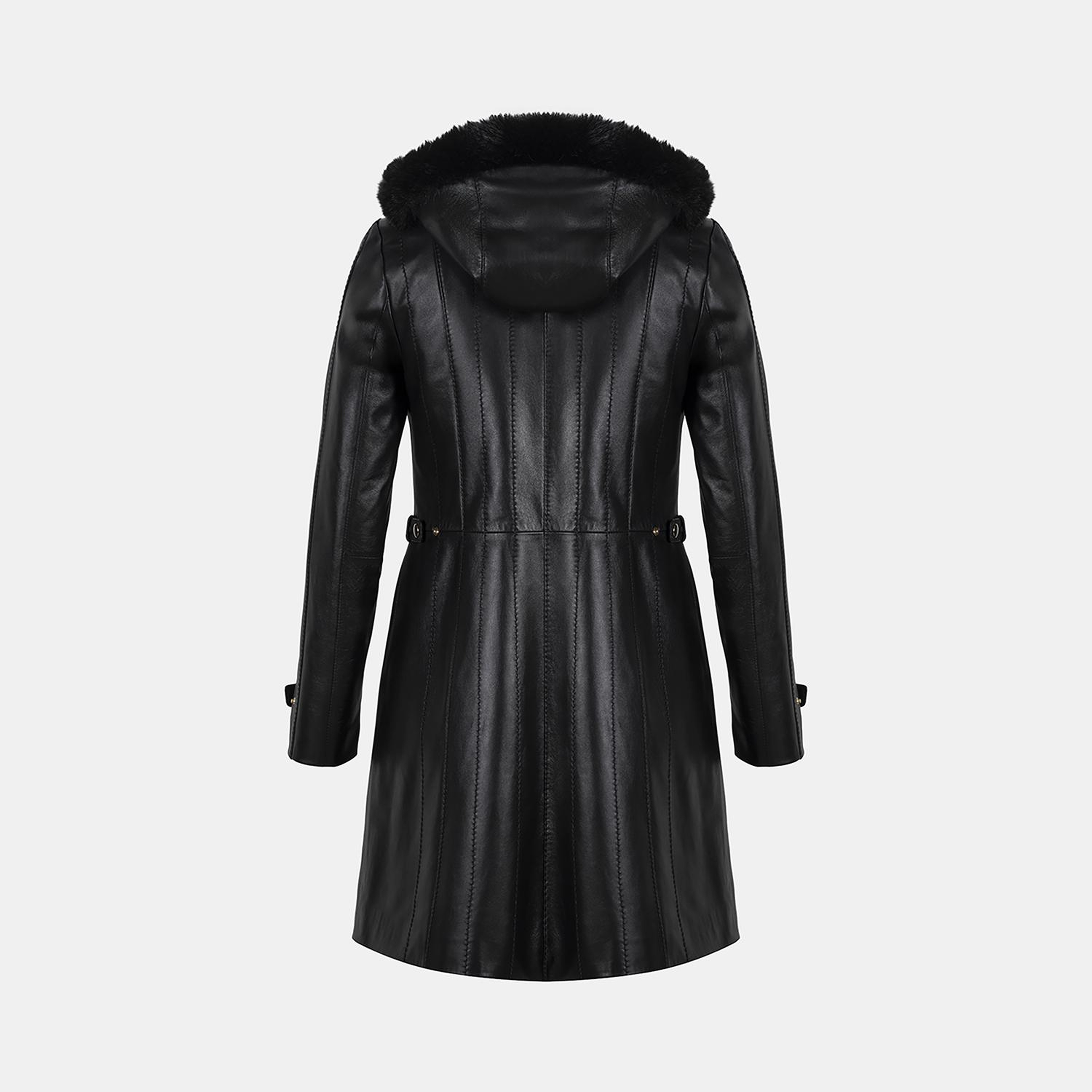 Kadın Siyah Hakim Yakalı Kapüşonlu Deri Kaban