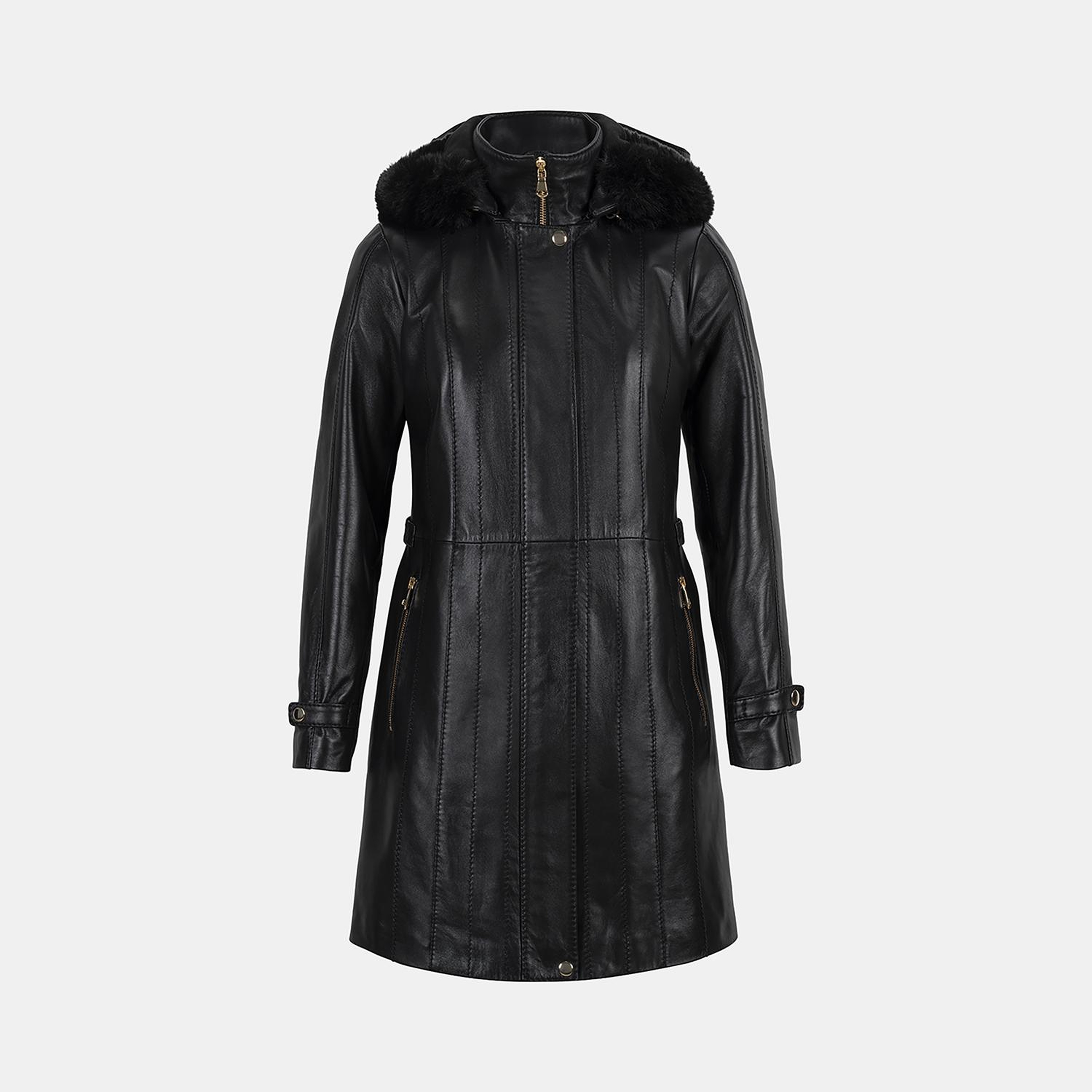 Kadın Siyah Hakim Yakalı Kapüşonlu Deri Kaban