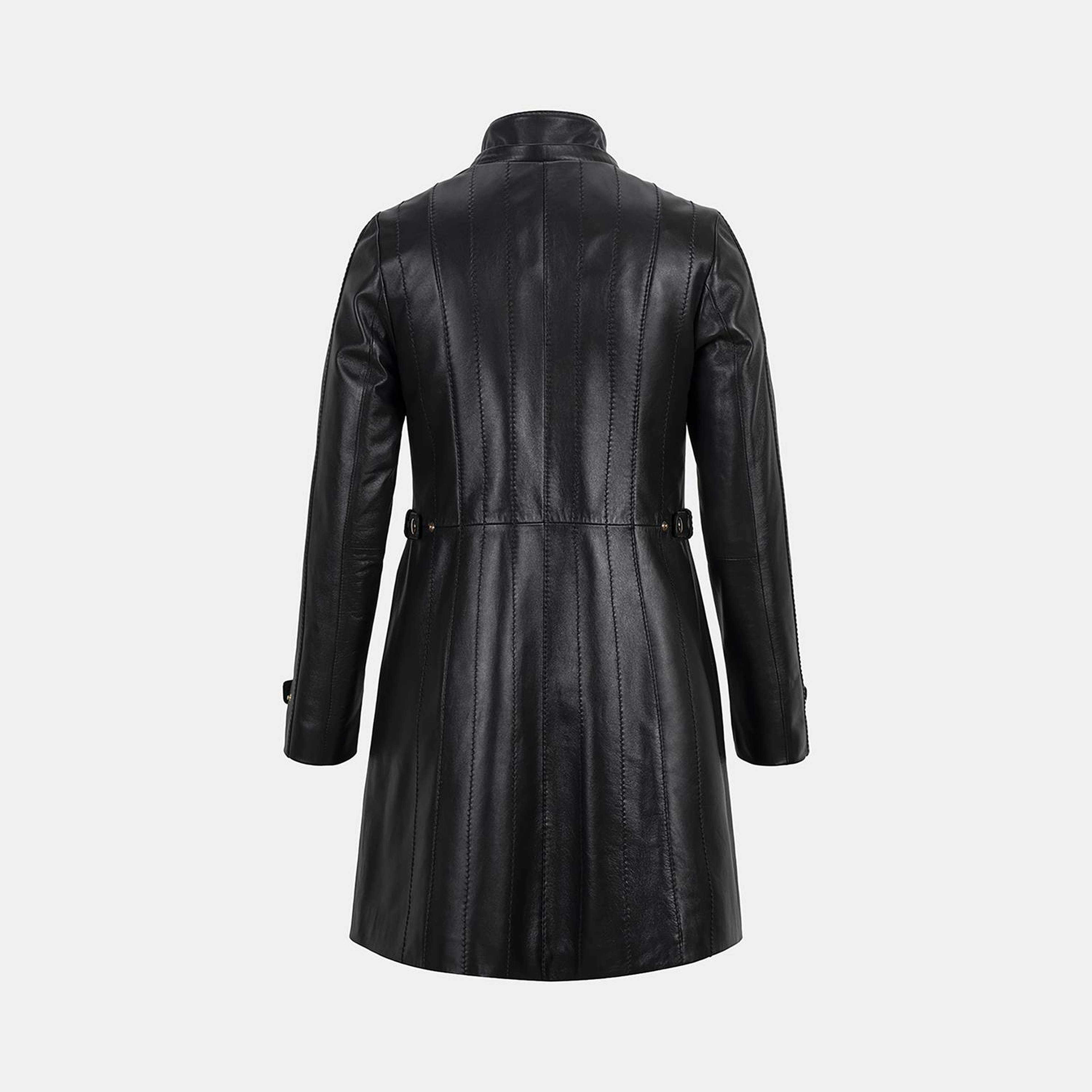 Kadın Siyah Hakim Yakalı Kapüşonlu Deri Kaban