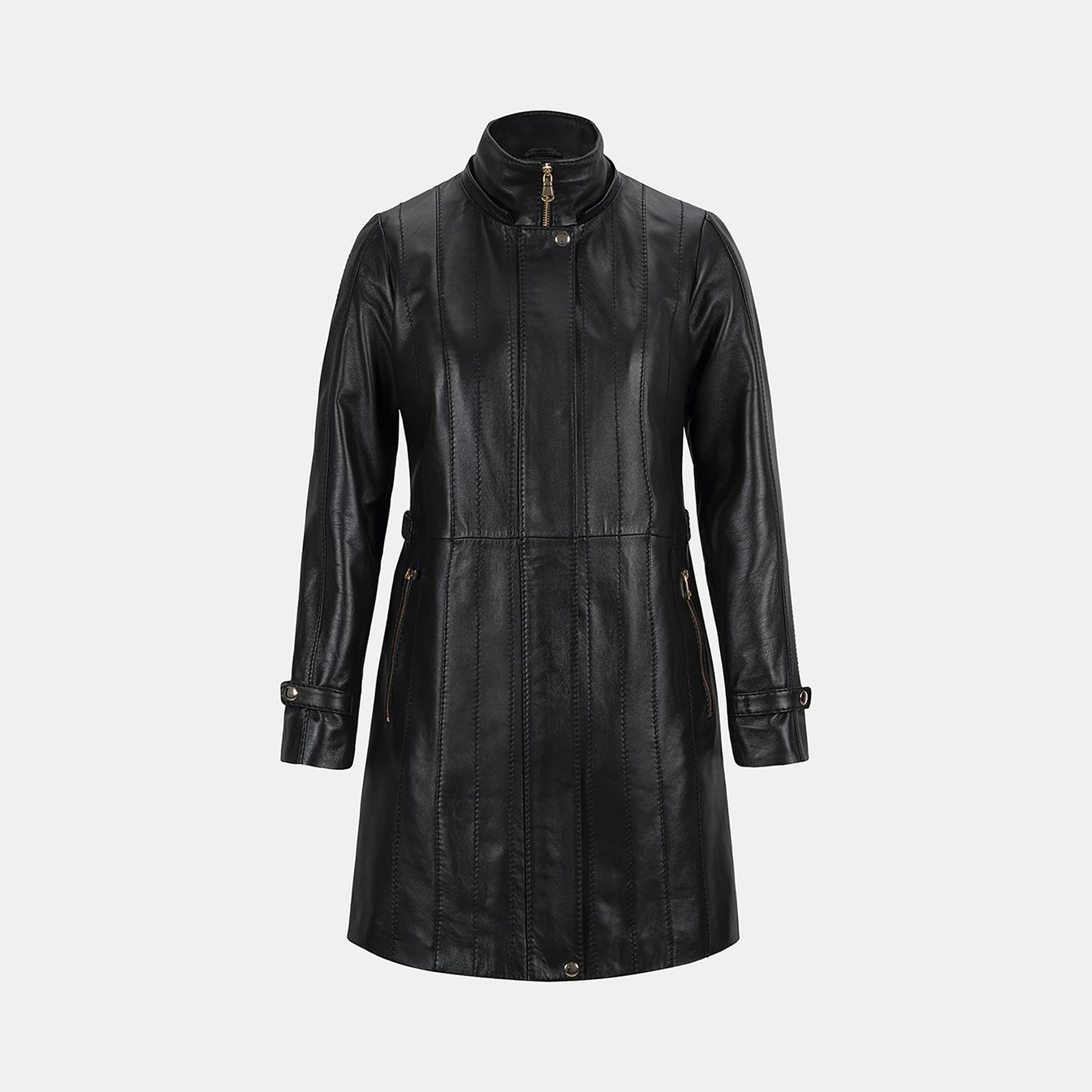 Kadın Siyah Hakim Yakalı Kapüşonlu Deri Kaban