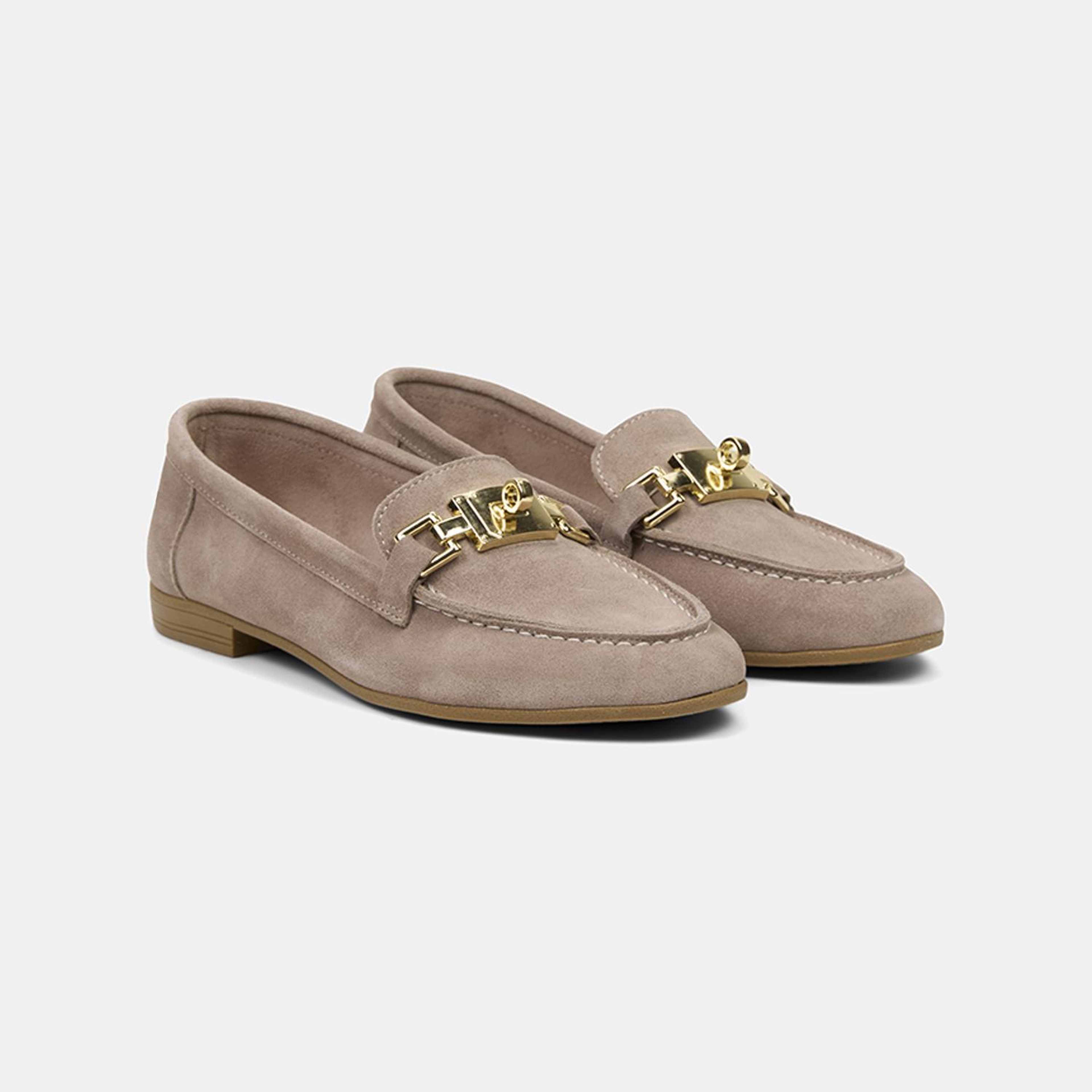 Kadın Koyu Bej Metal Aksesuarlı Süet Loafer