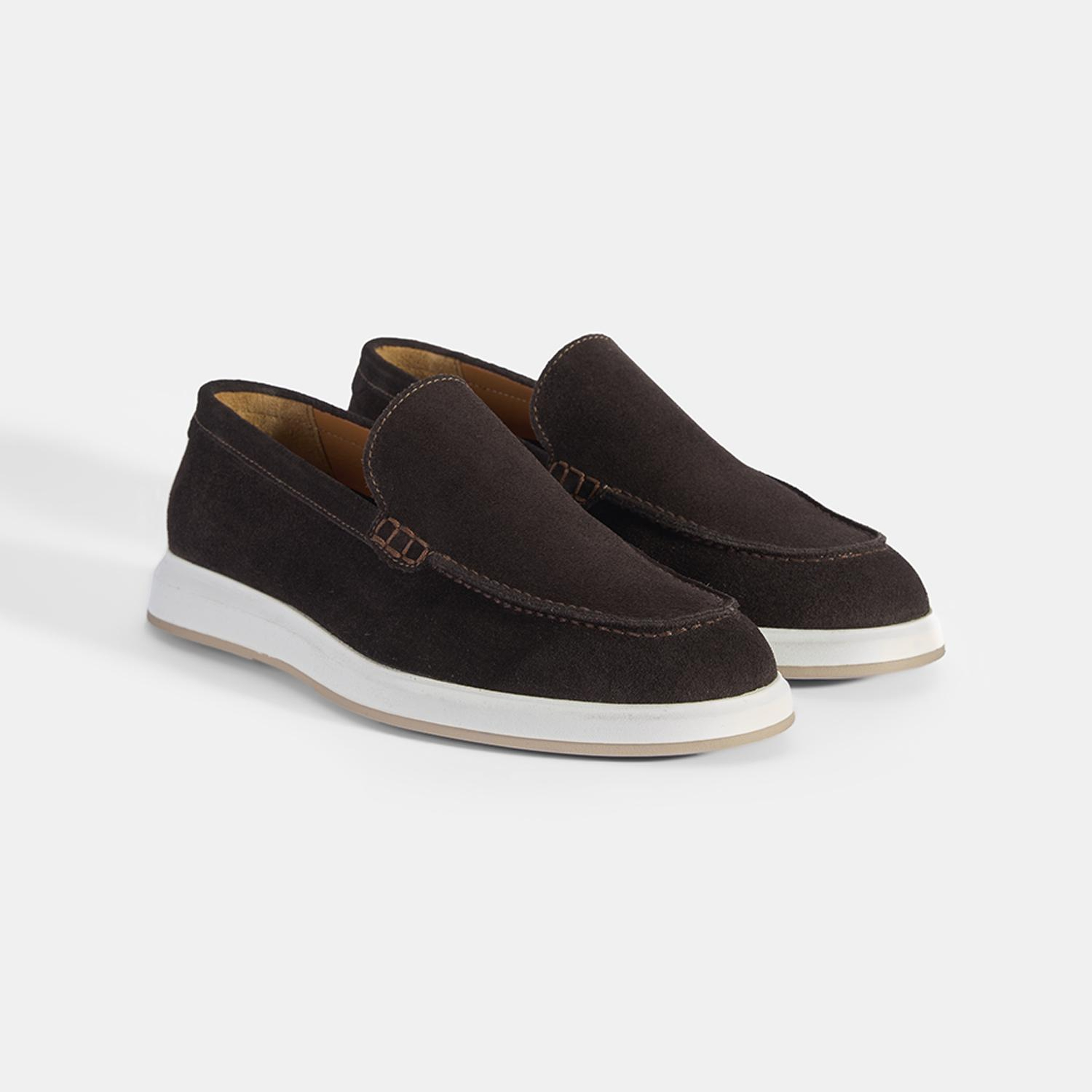 Erkek Kahve Klasik Beyaz Tabanlı Süet Loafer