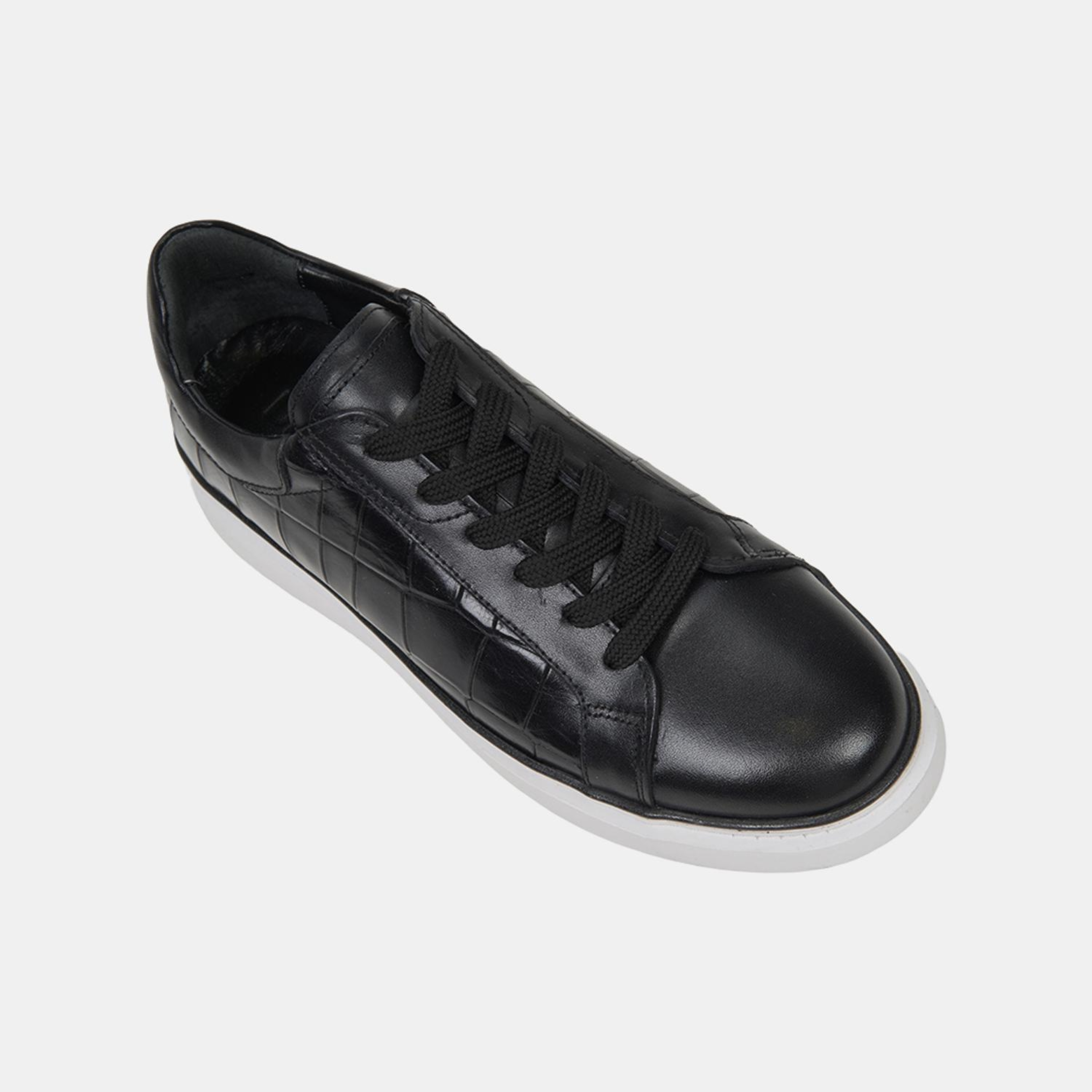 Erkek Siyah Bağcıklı Kroko Baskılı Deri Sneaker