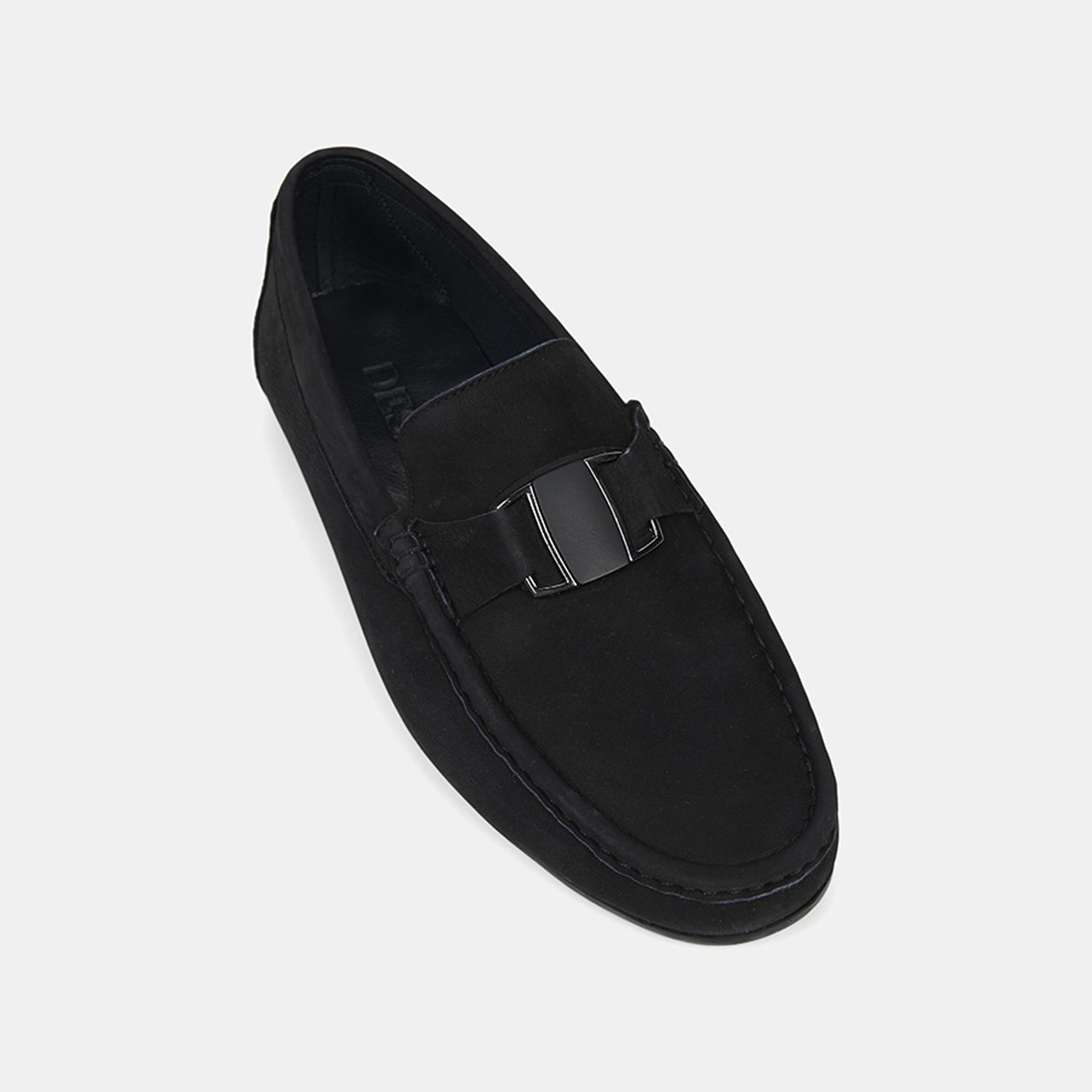 Erkek Siyah Metal Aksesuarlı Nubuk Deri Loafer