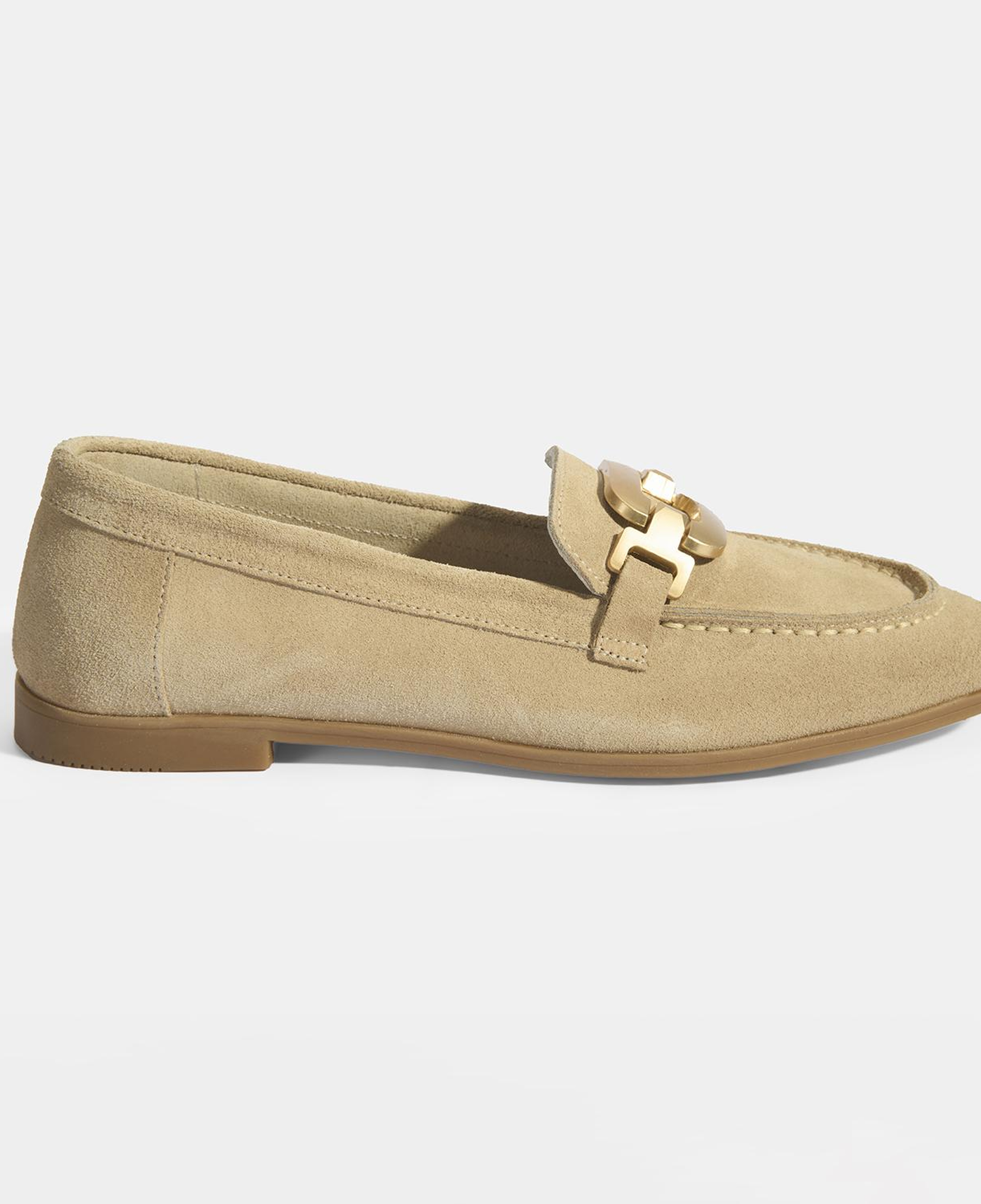 Kadın Krem Metal Aksesuarlı Süet Loafer