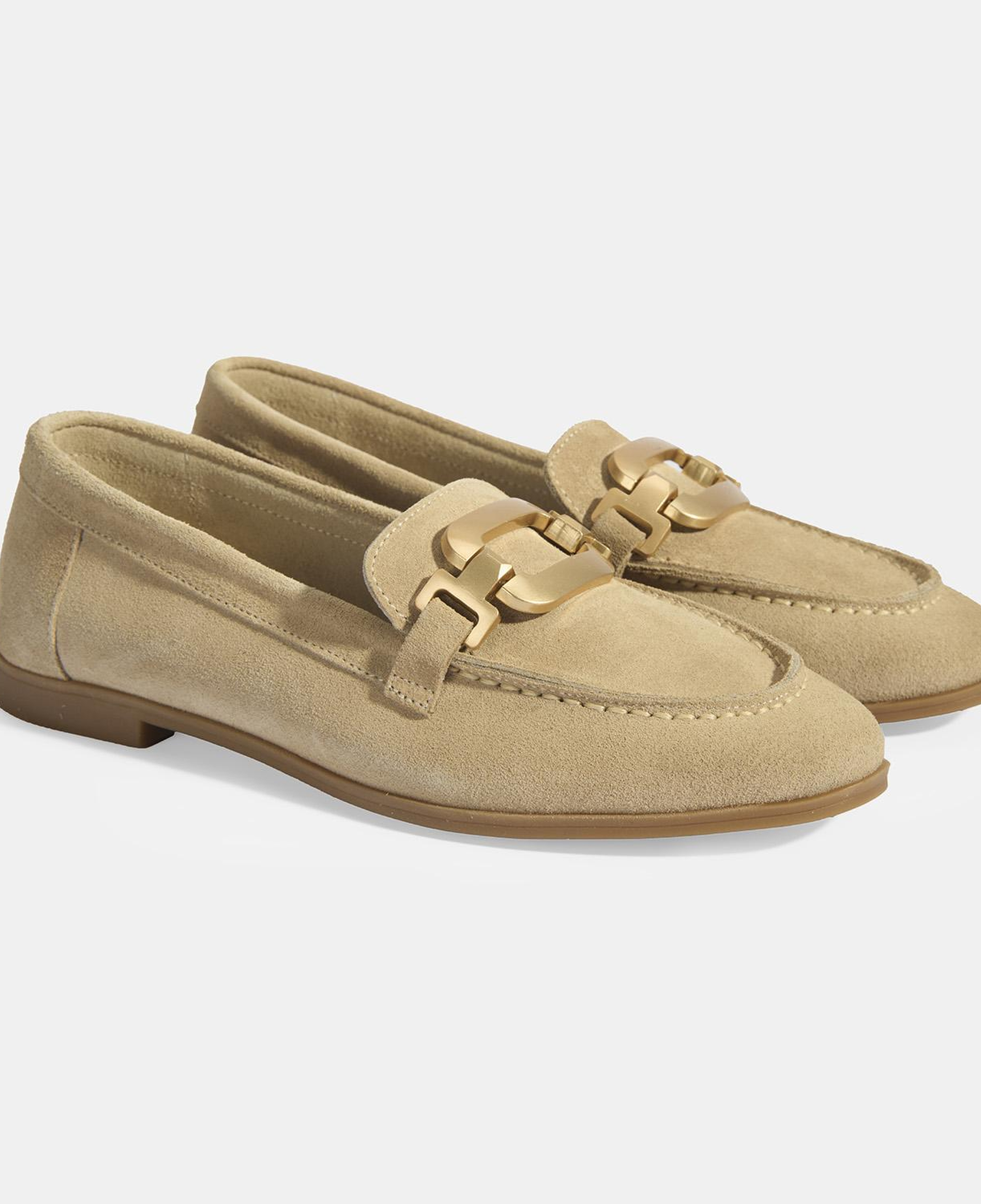 Kadın Krem Metal Aksesuarlı Süet Loafer