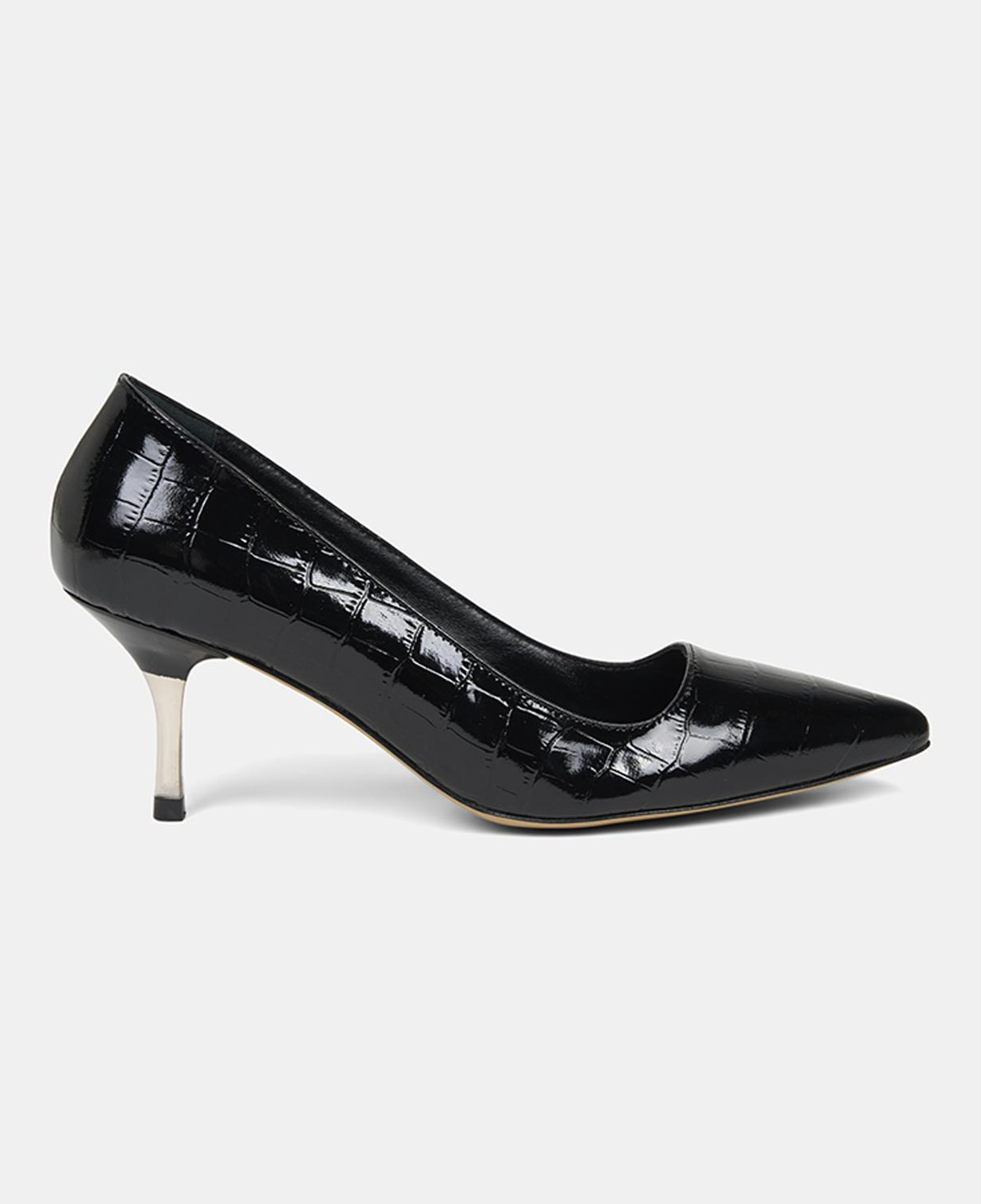 Kadın Siyah Kroko Baskılı Sivri Burunlu Deri Stiletto
