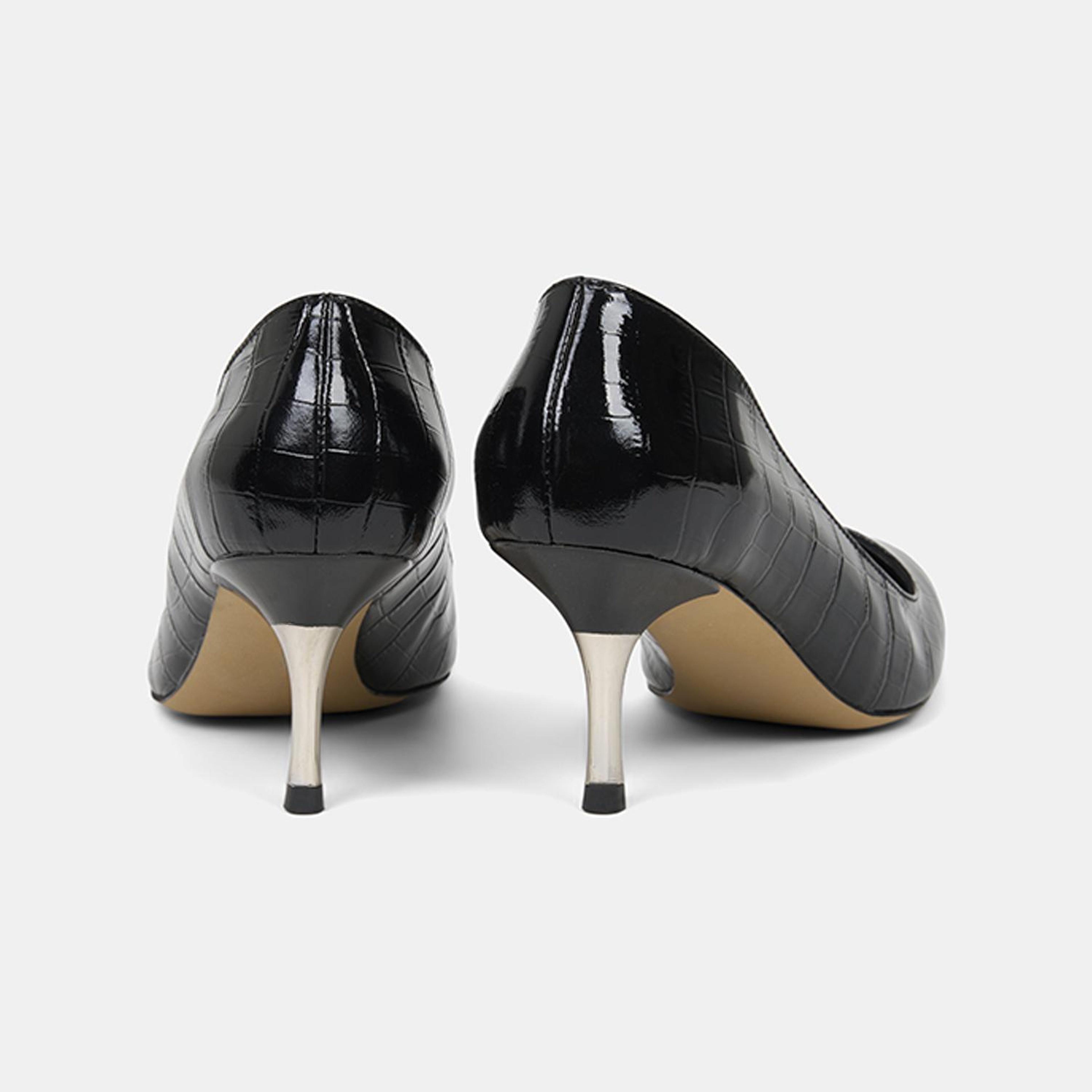 Kadın Siyah Kroko Baskılı Sivri Burunlu Deri Stiletto