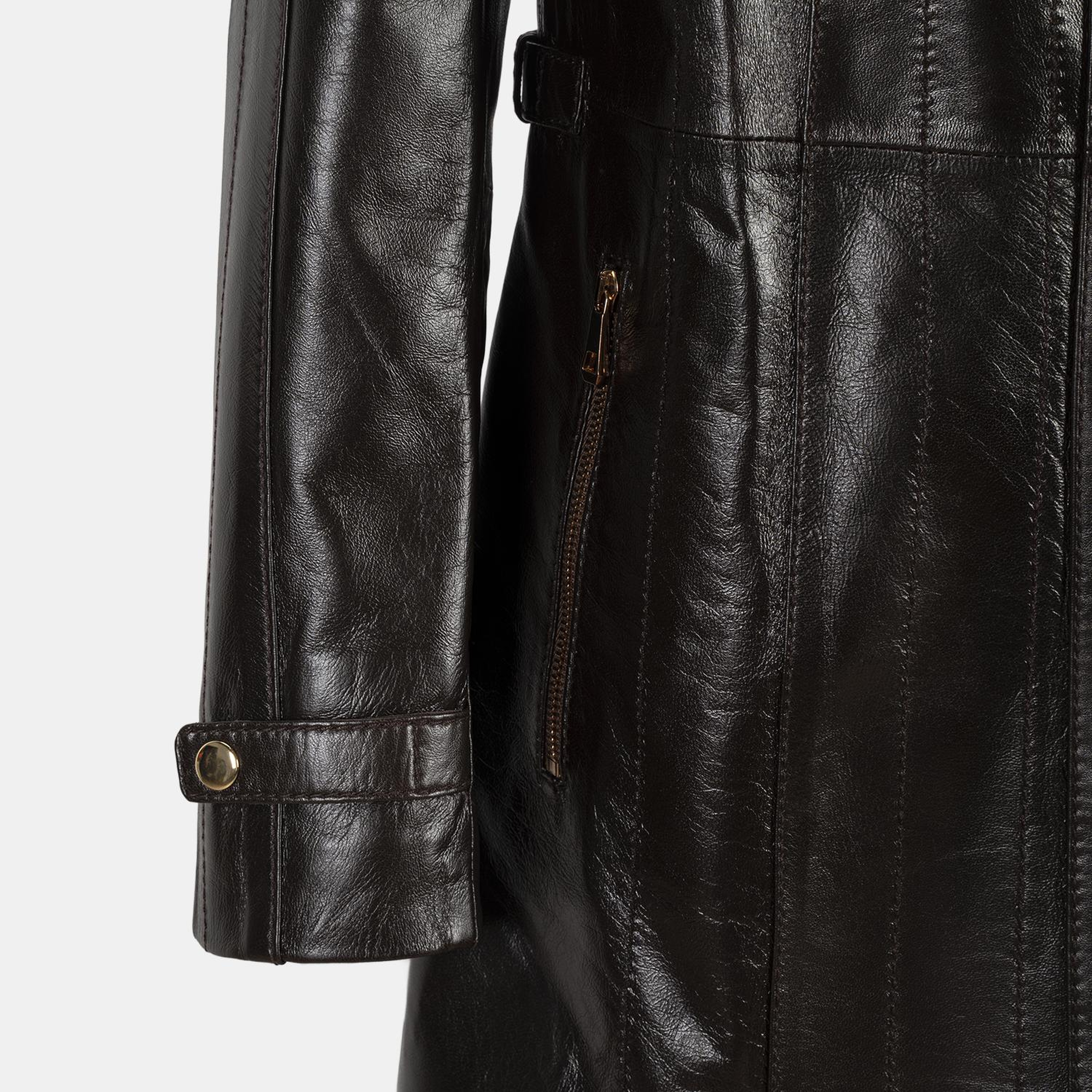 Kadın Koyu Kahve Hakim Yakalı Kapüşonlu Deri Kaban