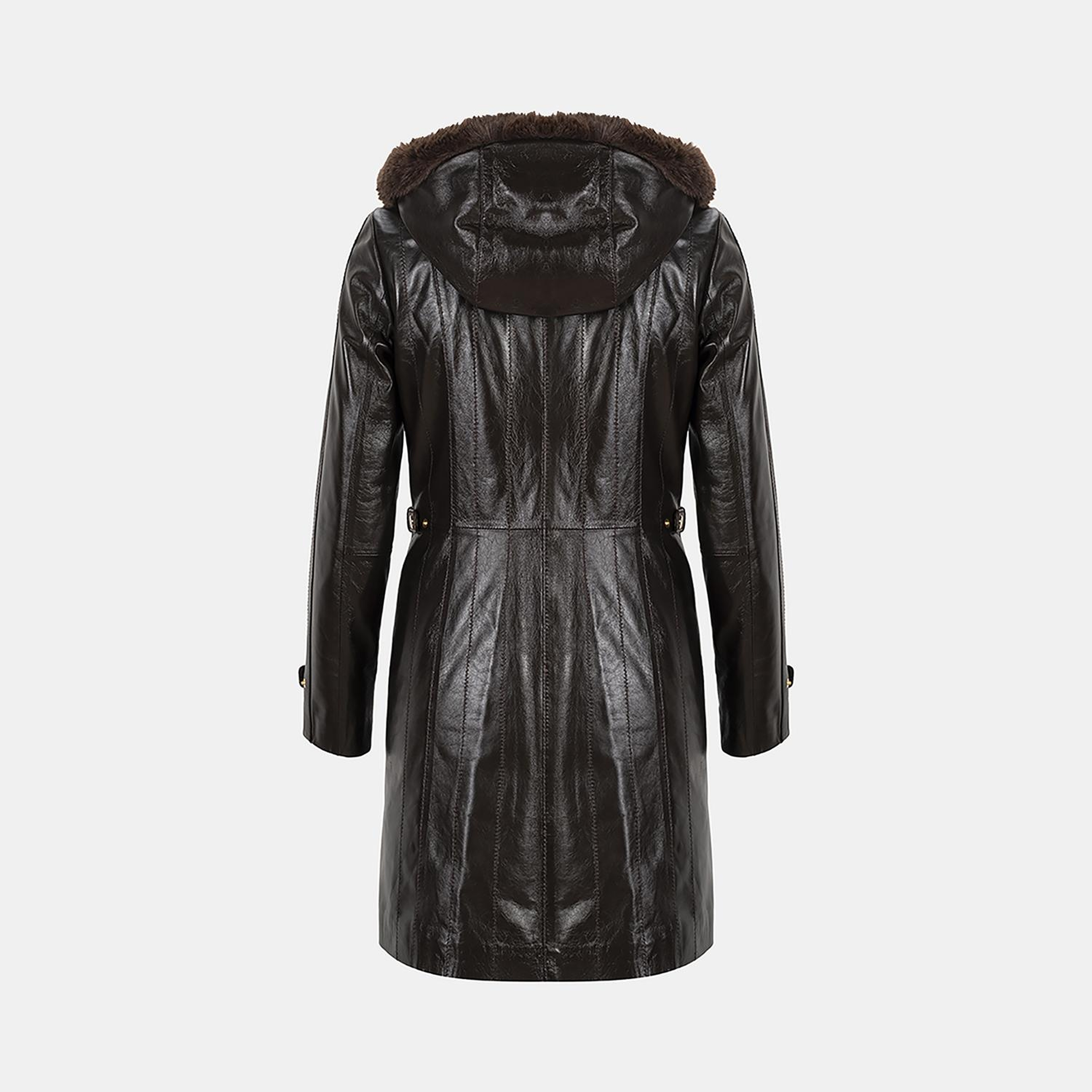 Kadın Koyu Kahve Hakim Yakalı Kapüşonlu Deri Kaban