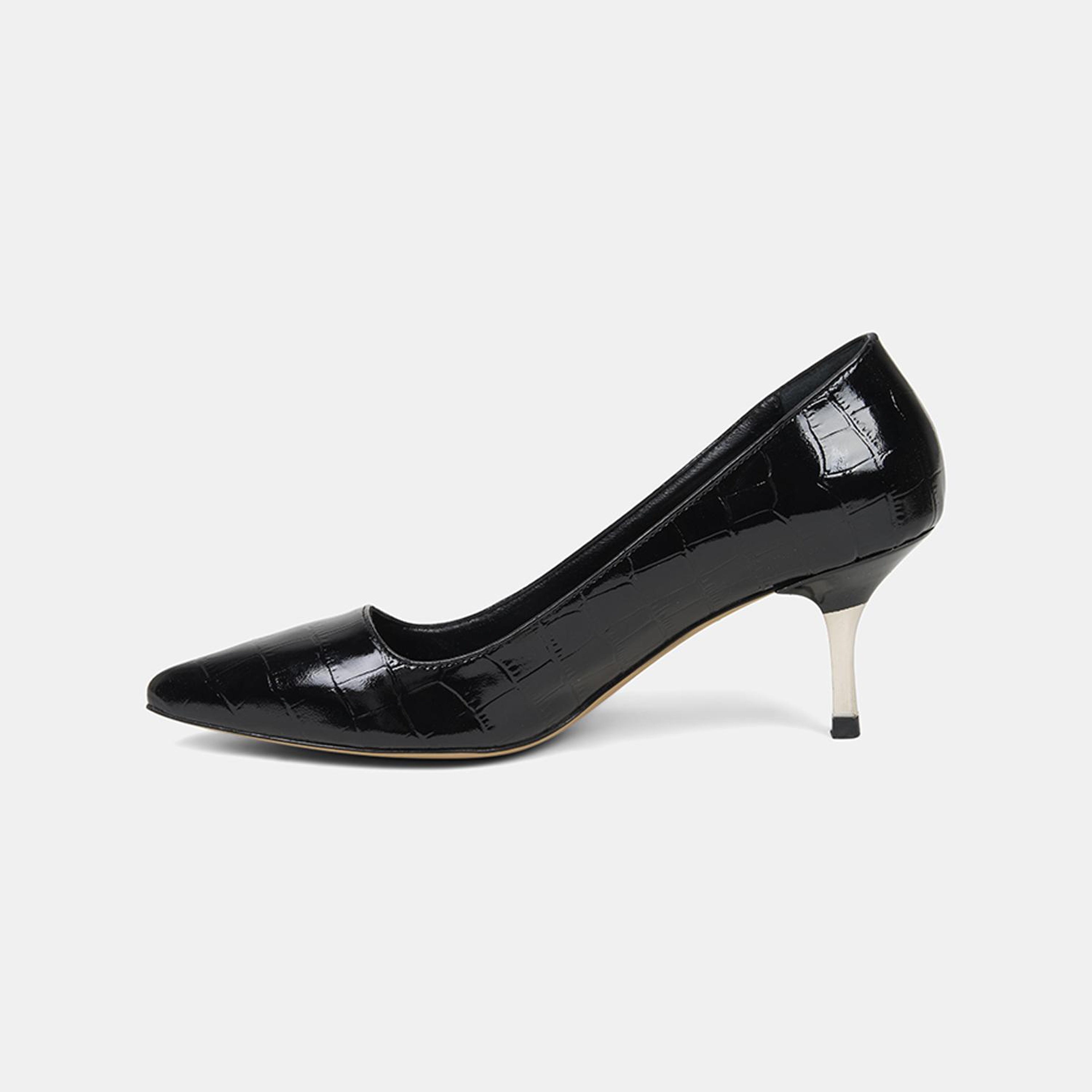 Kadın Siyah Kroko Baskılı Sivri Burunlu Deri Stiletto