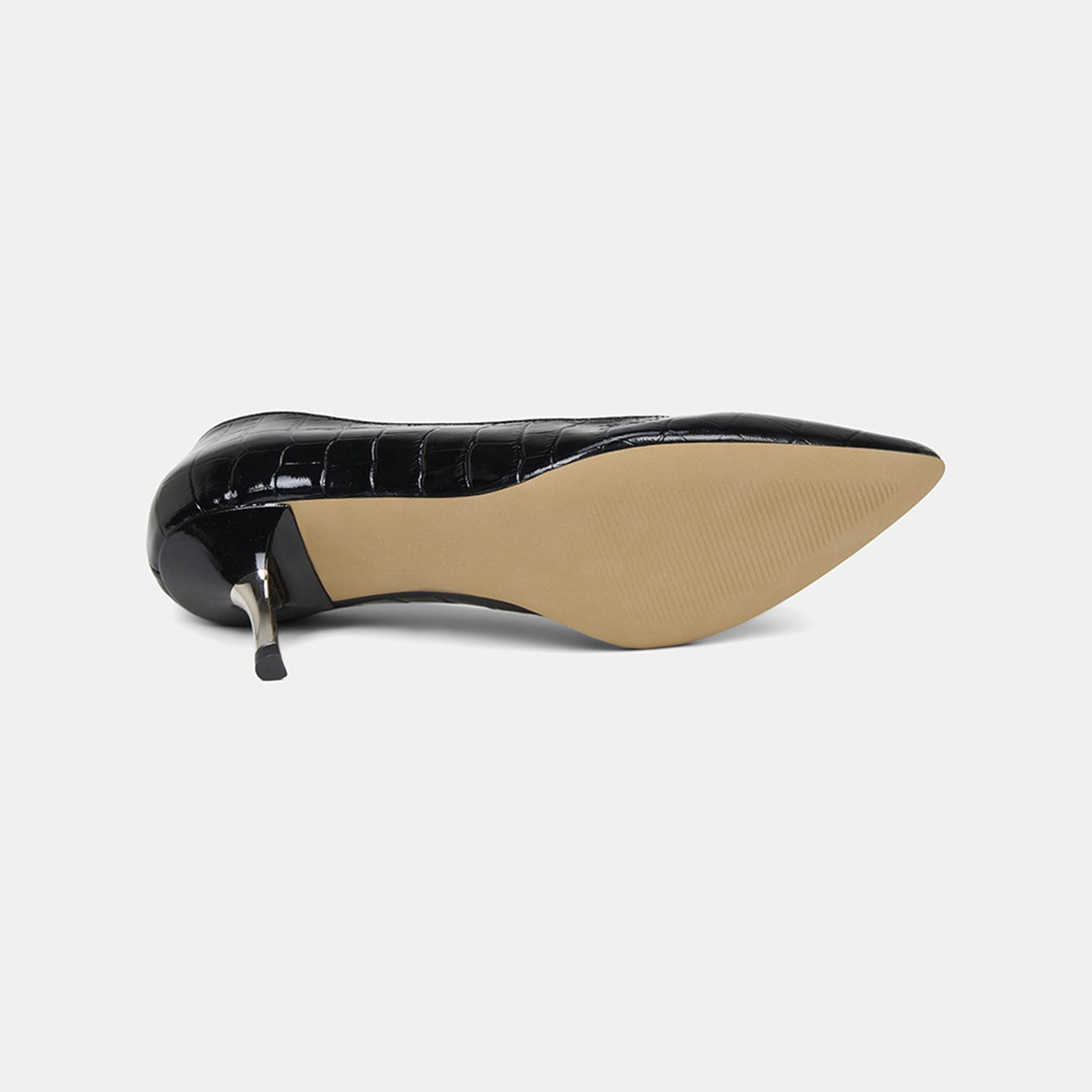 Kadın Siyah Kroko Baskılı Sivri Burunlu Deri Stiletto