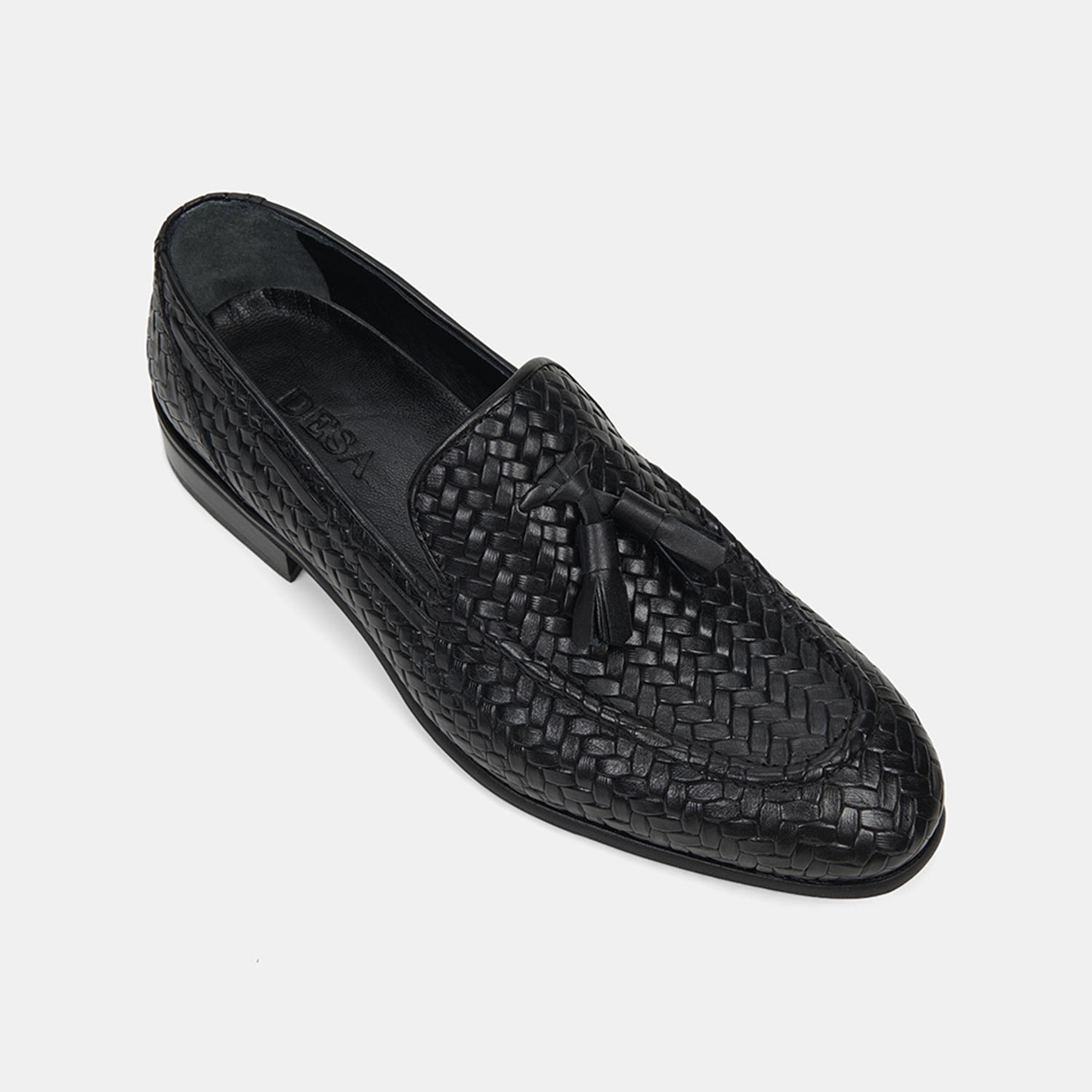 Erkek Siyah Örgü Desenli Püsküllü Deri Loafer